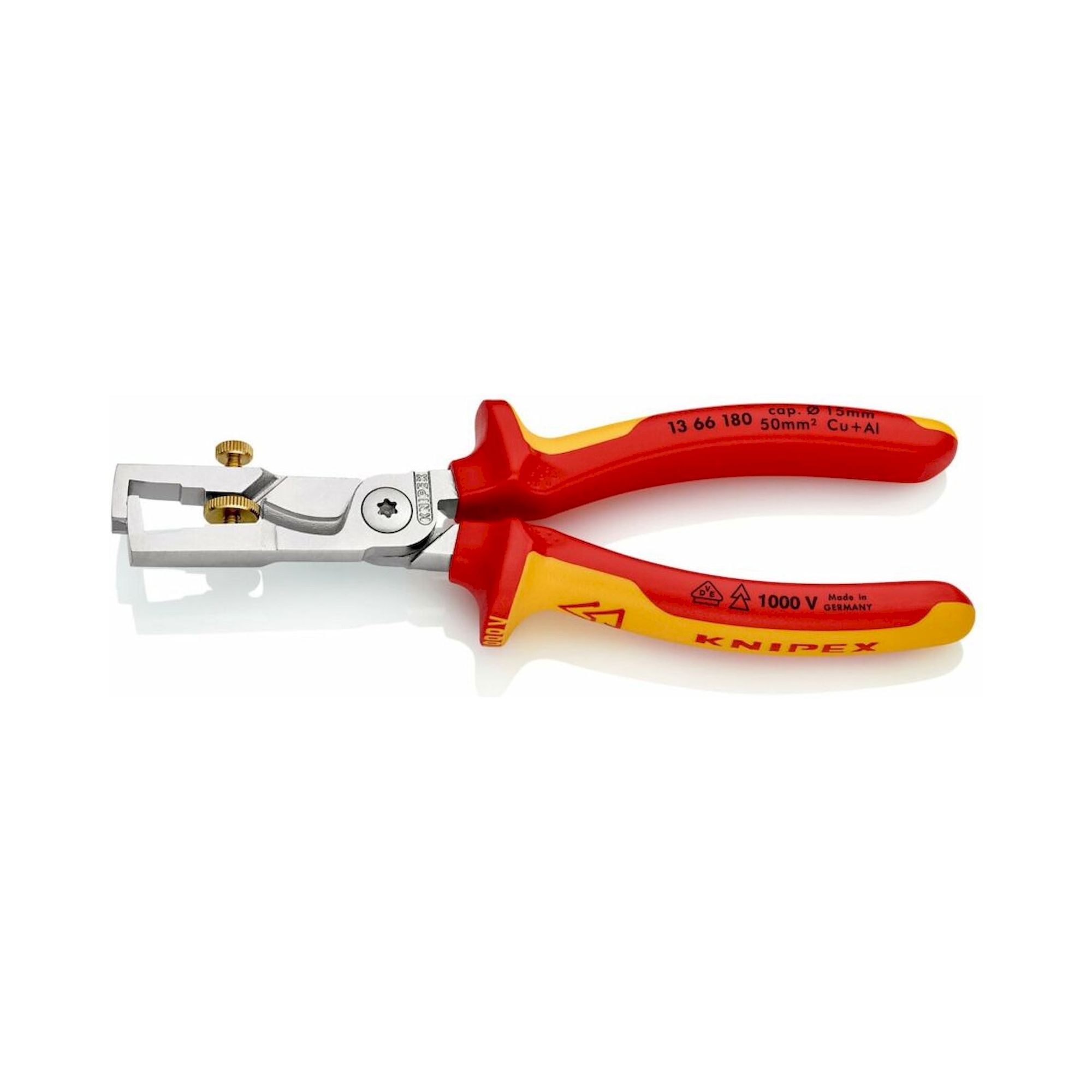 Knipex 13 66 180 SB. StriX® Abisolierzangen mit Kabelschere, isoliert, mit Mehrkomponenten-Hüllen, VDE-geprüft, verchromt, 180 mm (SB-Karte/Blister)