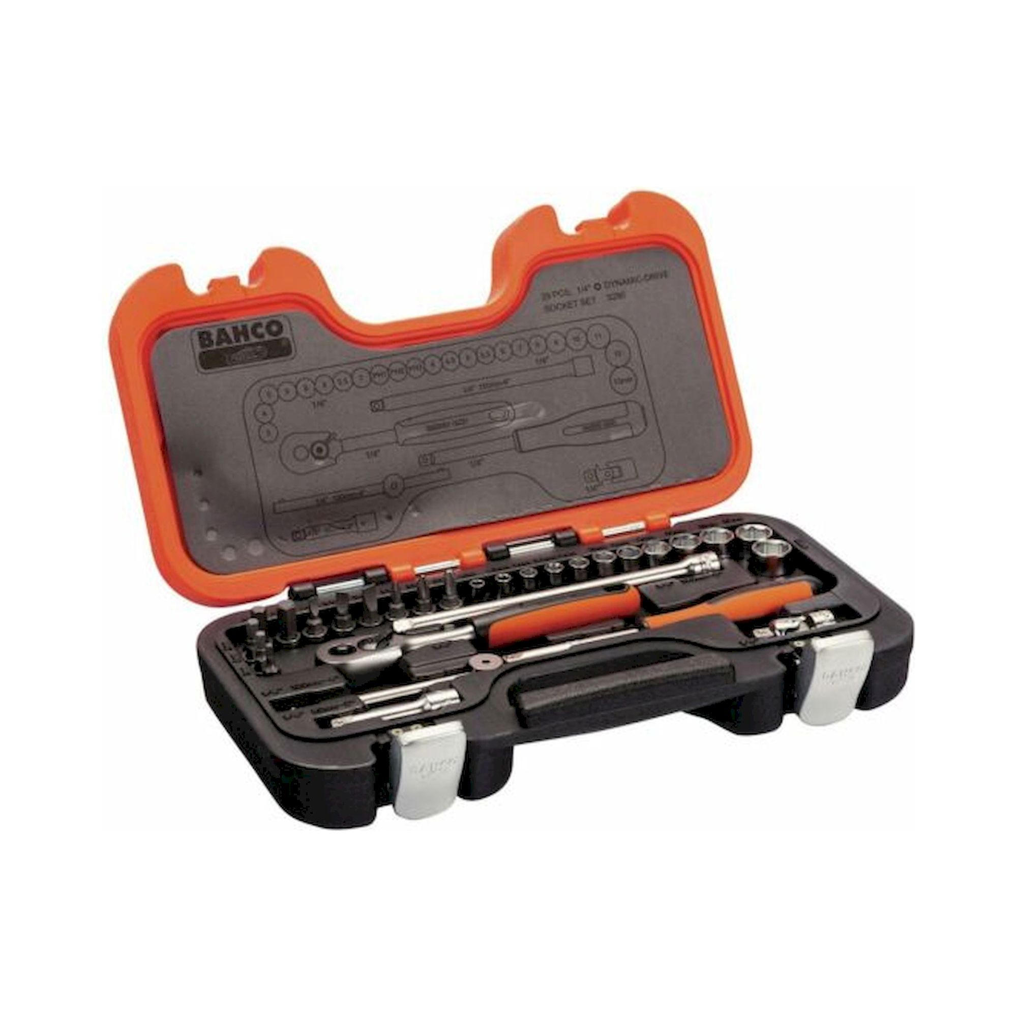 Bahco S290. 1/4" Steckschlüssel-Satz, metrisch, Sechskant, inklusive Umschaltknarre und Schraubendreher-Einsätzen, 53-teilig