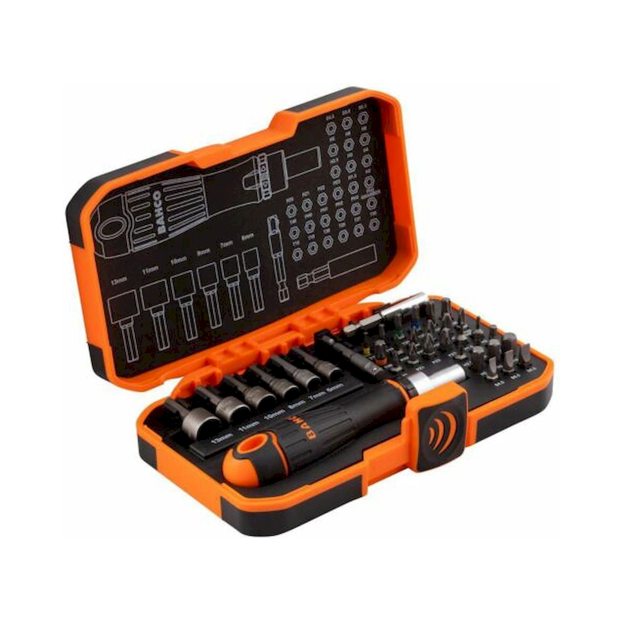 Bahco 59/S36BCR. Bit-Steckschlüssel-Satz mit 1/4" Bit-Knarre und Adapter für Schlitz/Phillips/Pozidriv/TORX®/Sechskantschrauben, 26-teilig