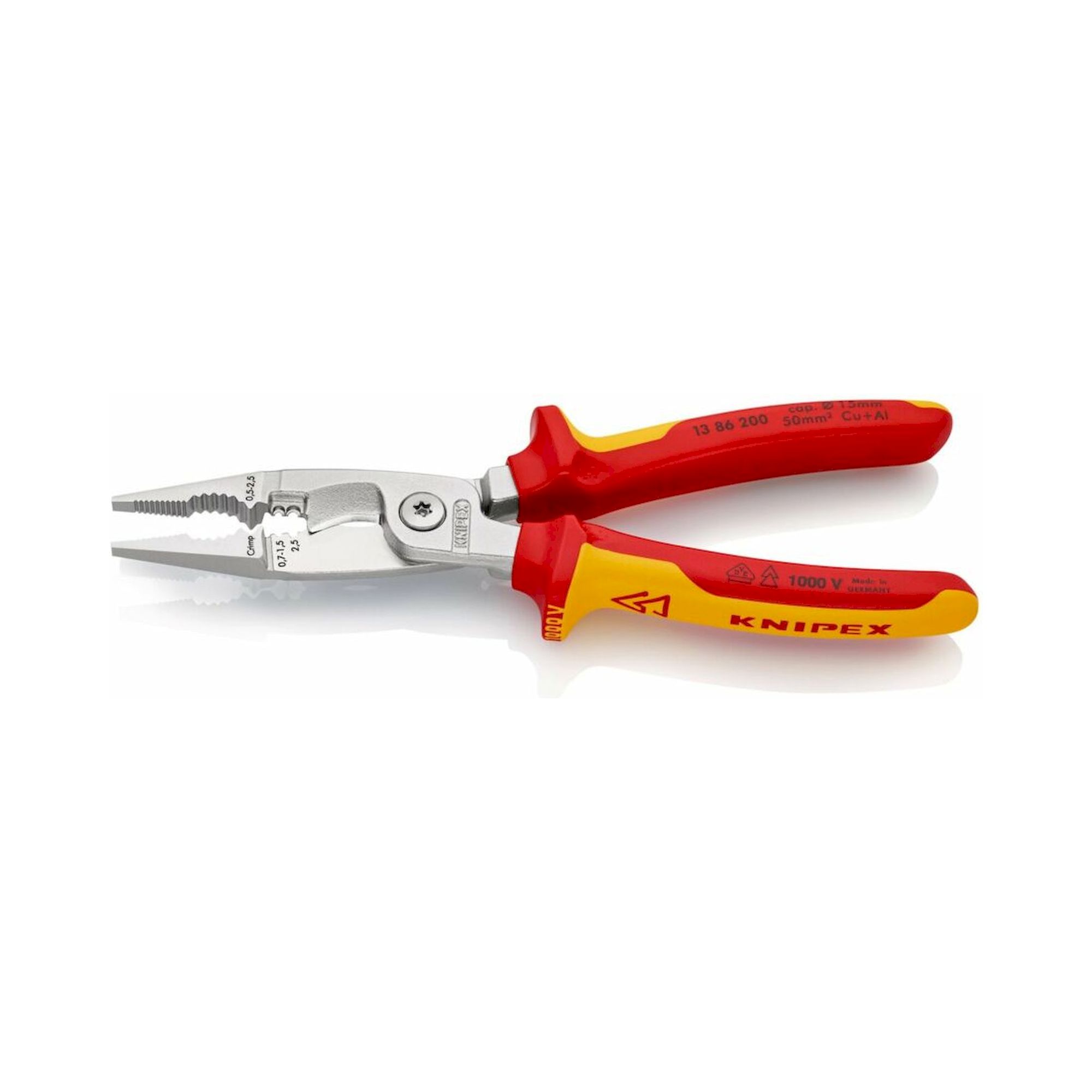 Knipex 13 86 200 SB. Elektro-Installationszange, isoliert, mit Mehrkomponenten-Hüllen, VDE-geprüft, verchromt, 200 mm (SB-Karte/Blister)