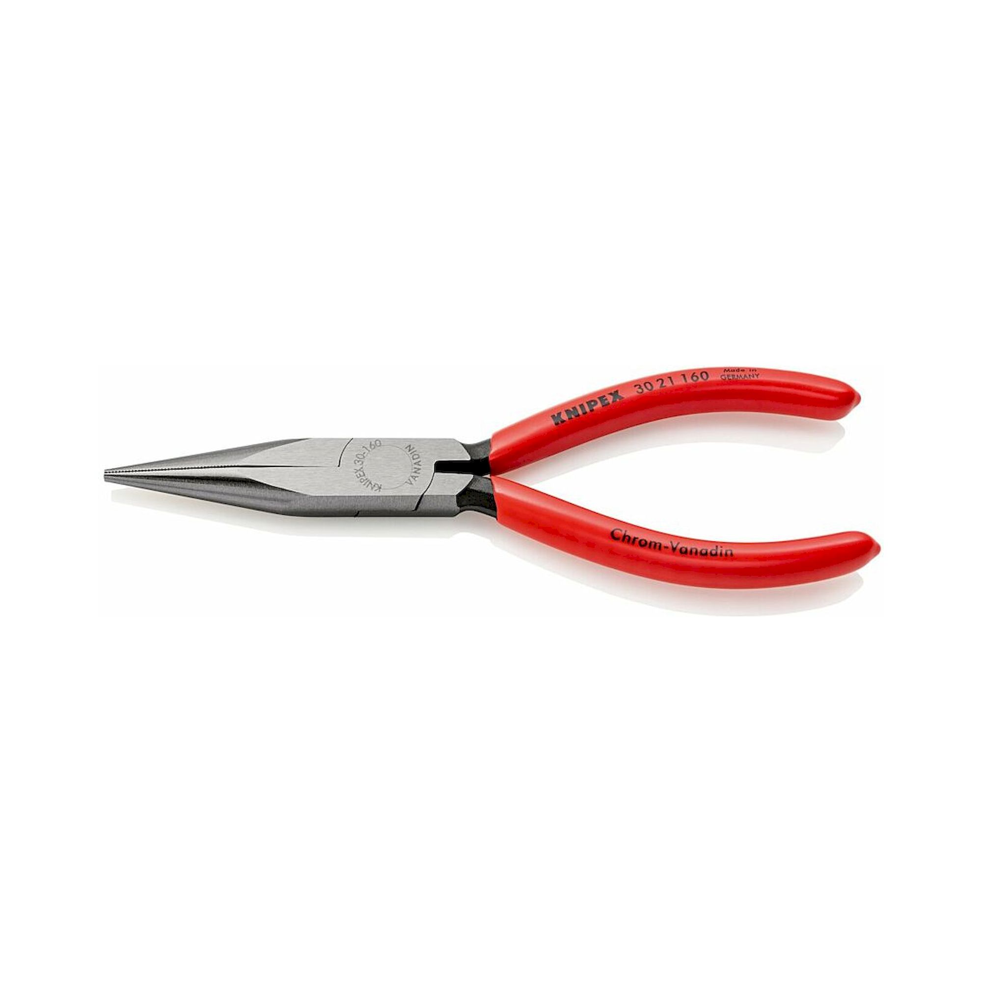 Knipex 30 21 160 SB. Langbeckzange mit Kunststoff überzogen, Spitzendicke: 2 mm, schwarz atramentiert, 160 mm (SB-Karte/Blister)