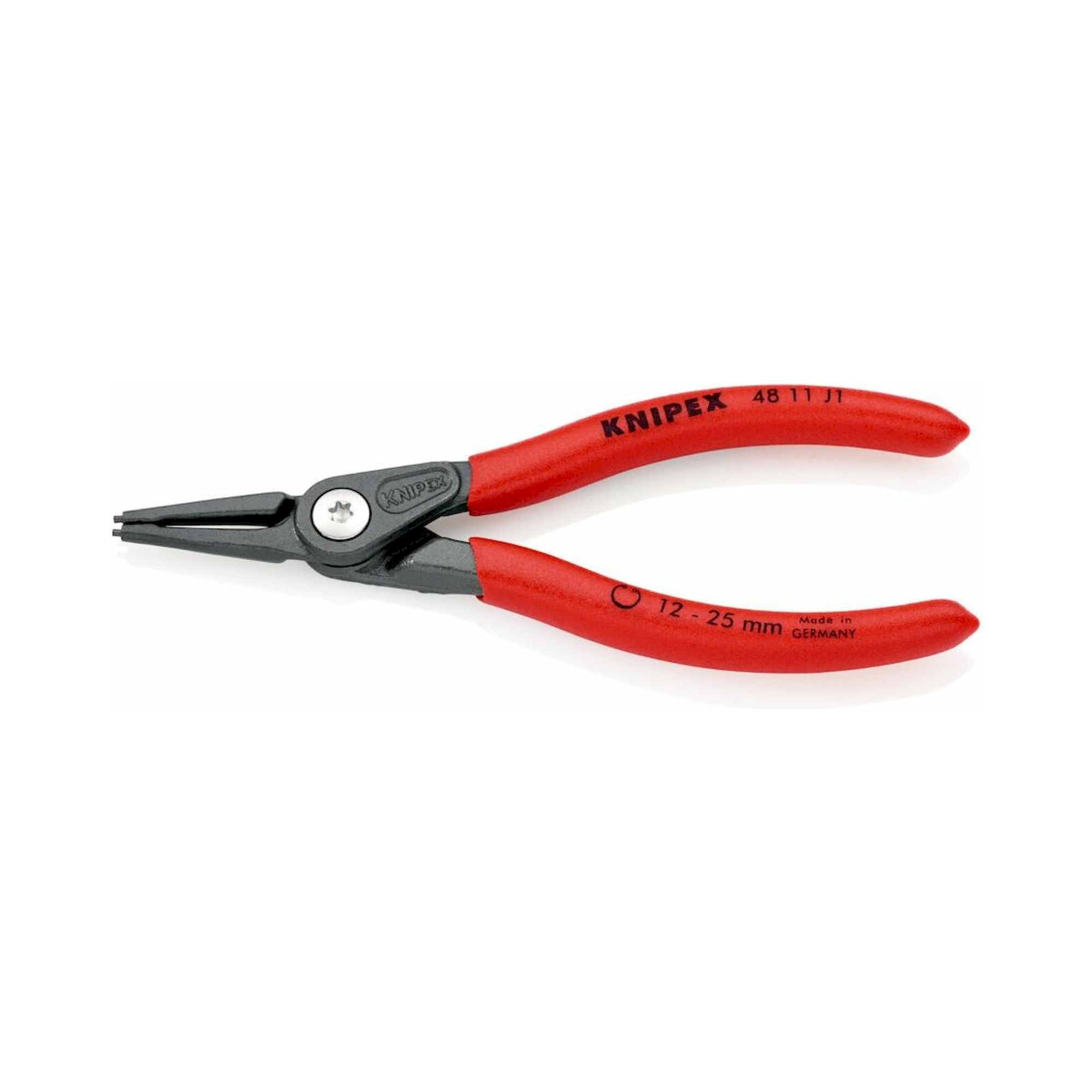 Knipex 48 11 J1 SB. Präzisions-Sicherungsringzange für Innenringe in Bohrungen mit rutschhemmendem Kunststoff überzogen, Ø 12 – 25 mm, grau, atramentiert 140 mm (SB-Karte/Blister)