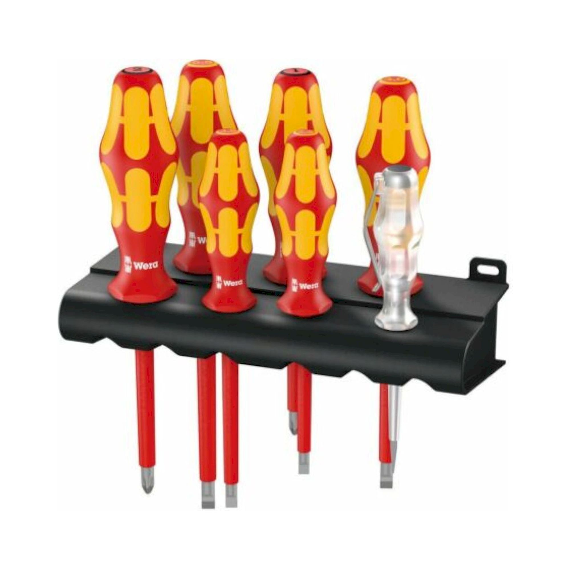 Wera 05006148001. Schraubendrehersatz Kraftform Plus Serie 100 + einpoliger Phasentester + Rack, 7-teilig