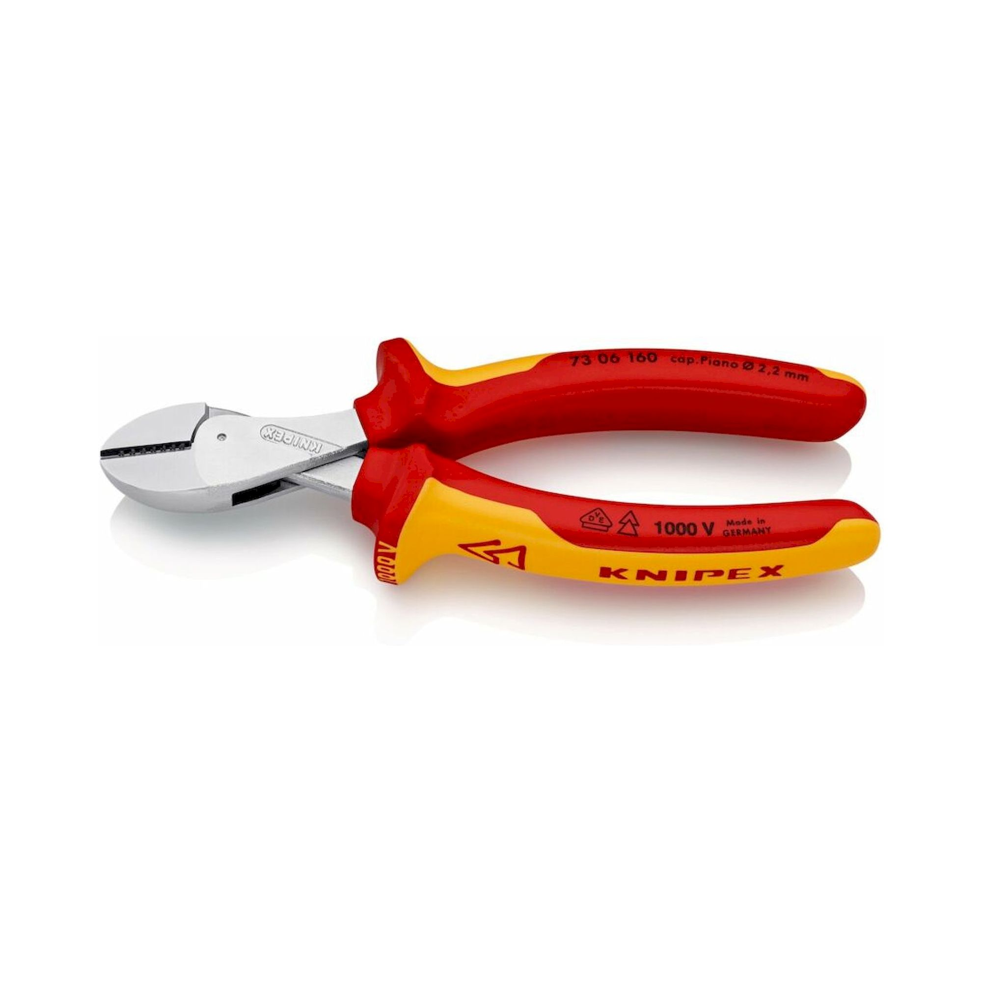 Knipex 73 06 160 SB. X-Cut® Kompakt-Seitenschneider hochübersetzt, isoliert, mit Mehrkomponenten-Hüllen, VDE-geprüft, verchromt, 160 mm (SB-Karte/Blister)