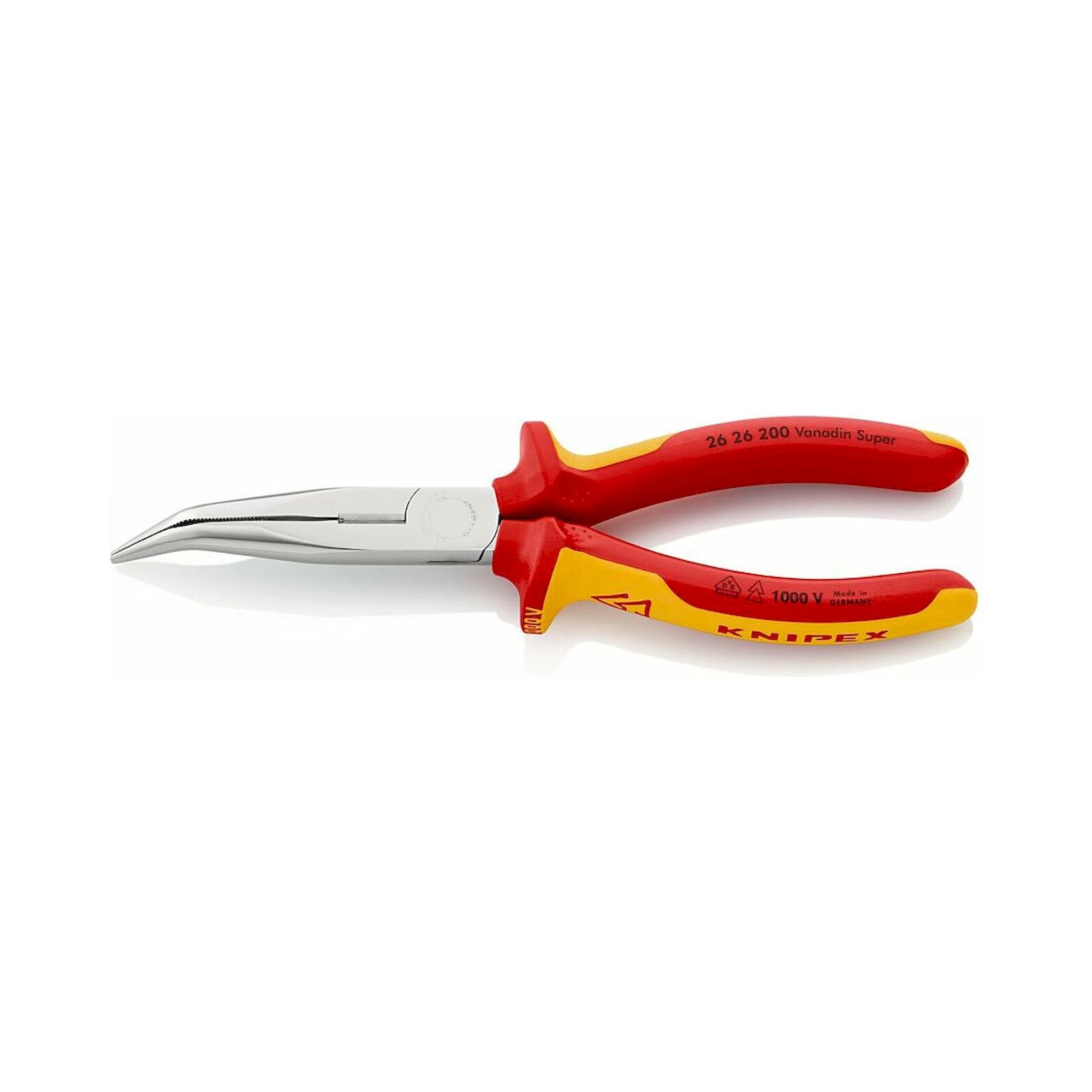 Knipex 26 26 200 SB. Flachrundzange mit Schneide (Storchschnabelzange), isoliert, mit Mehrkomponenten-Hüllen, VDE-geprüft, 40° abgewinkelt, verchromt, 200 mm (SB-Karte/Blister)