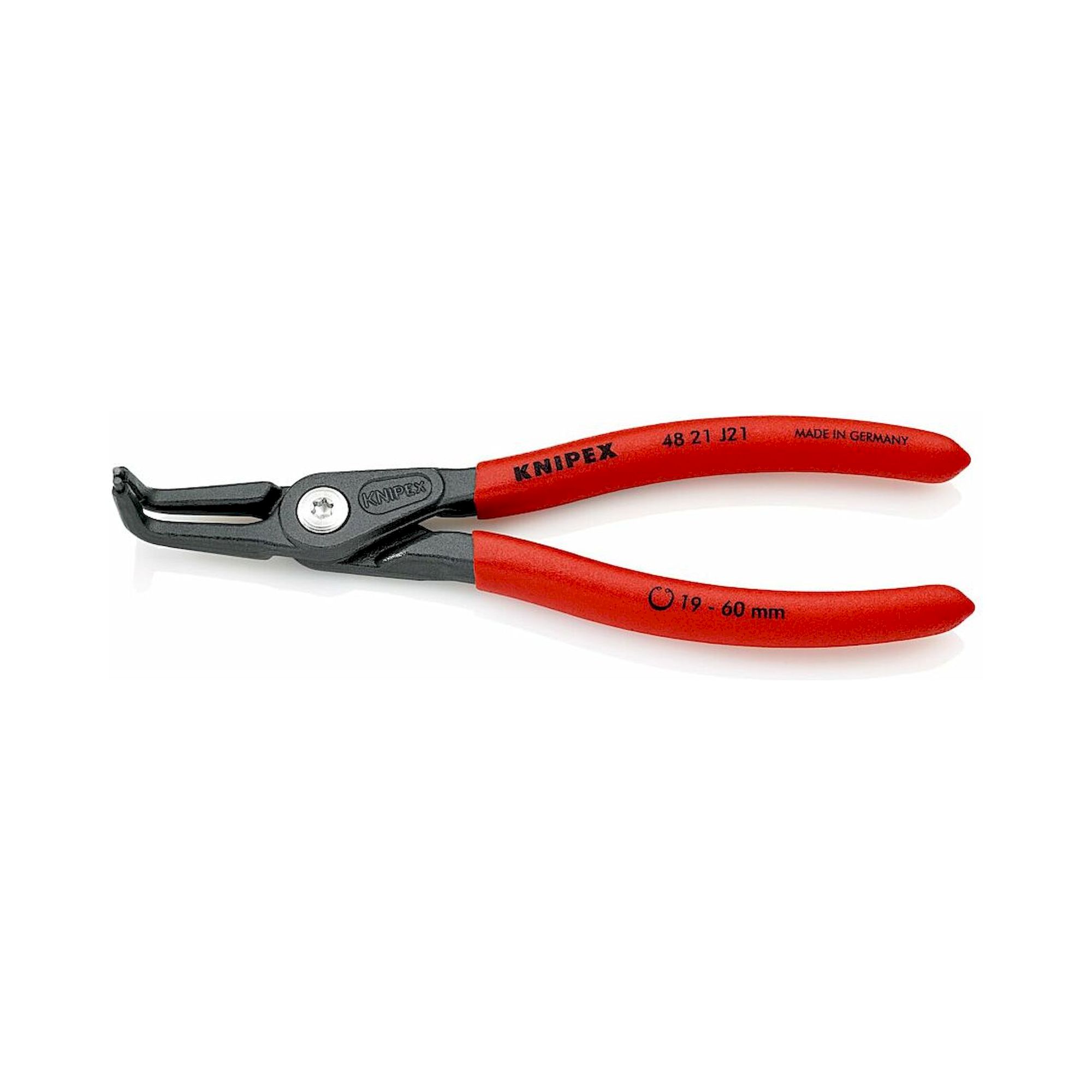 Knipex 48 21 J21 SB. Präzisions-Sicherungsringzange für Innenringe in Bohrungen mit rutschhemmendem Kunststoff überzogen, 90° abgewinkelt, grau, atramentiert 165 mm (SB-Karte/Blister)