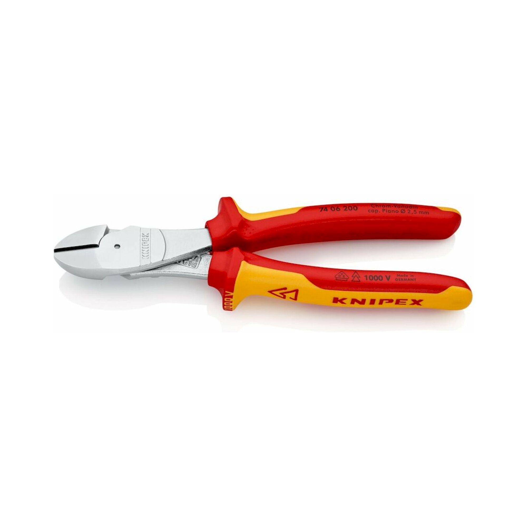 Knipex 74 06 200 SB. Kraft-Seitenschneider, isoliert, mit Mehrkomponenten-Hüllen, VDE-geprüft, verchromt, 200 mm (SB-Karte/Blister)