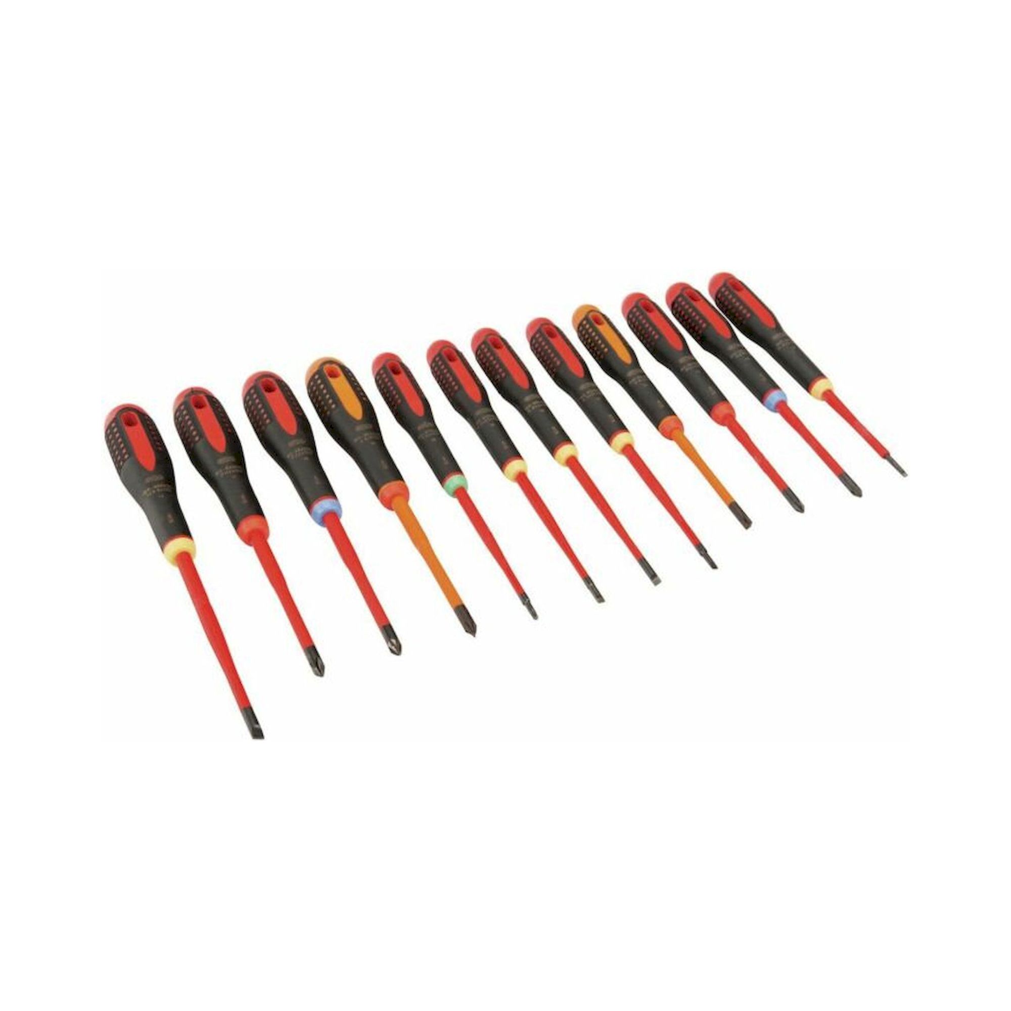 Bahco BE-9878SL. ERGO™ Isolierter Schraubendreher-Satz für Schlitzschrauben mit 3-Komponenten-Griff, VDE-zertifiziert, Slim-Klinge 12 mm, 12-teilig