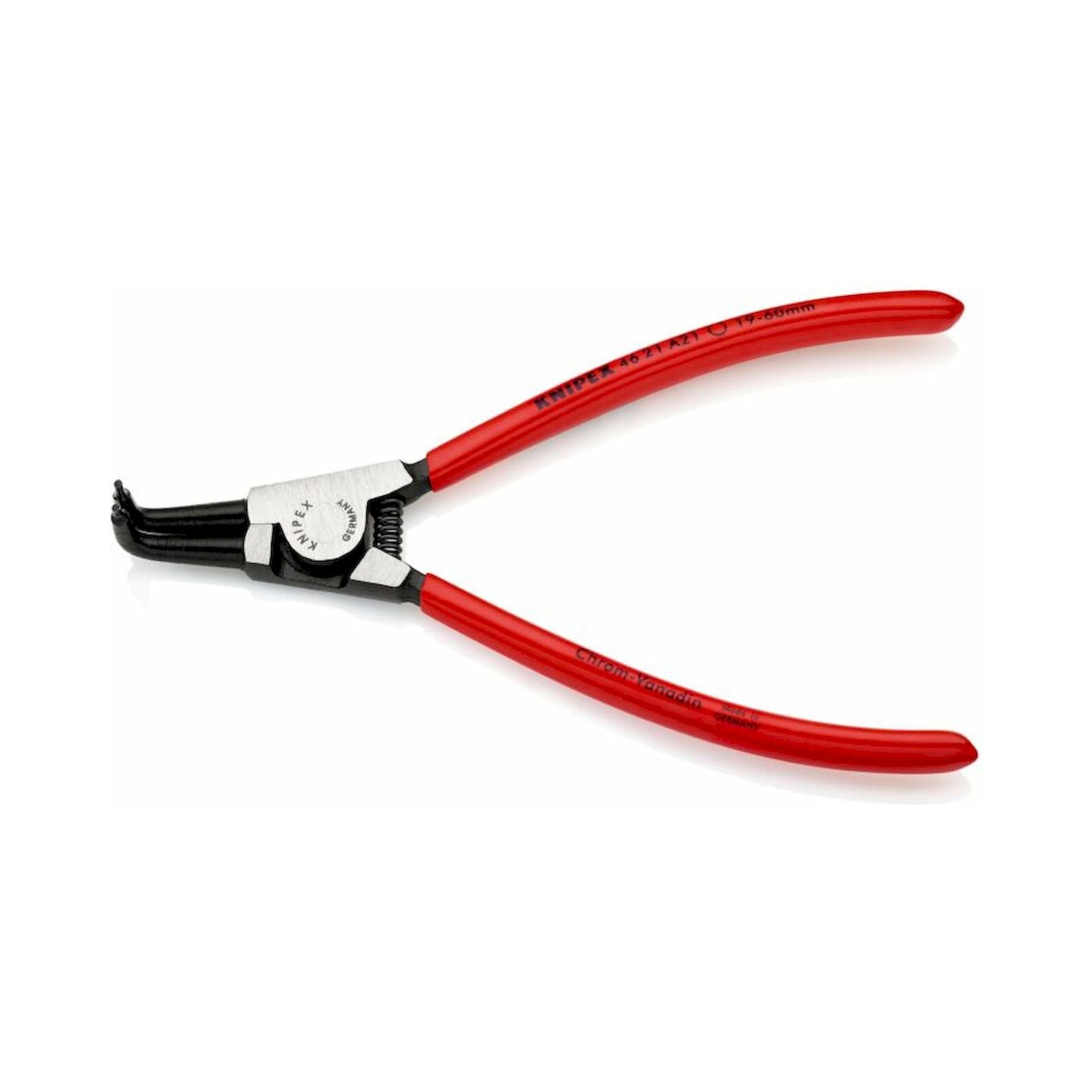 Knipex 46 21 A21 SB. Sicherungsringzange für Außenringe auf Wellen mit Kunststoff überzogen, 90° abgewinkelt, schwarz atramentiert, 170 mm (SB-Karte/Blister)