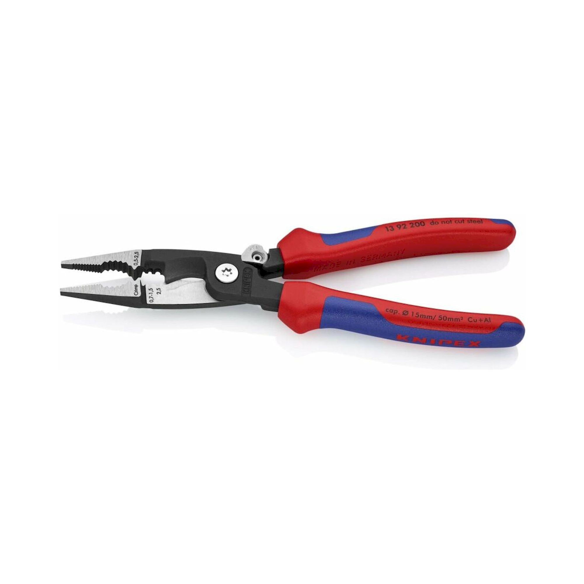 Knipex 13 92 200 SB. Elektro-Installationszange mit Mehrkomponenten-Hüllen, integrierte Öffnungsfeder, schwarz atramentiert, 200 mm (SB-Karte/Blister)