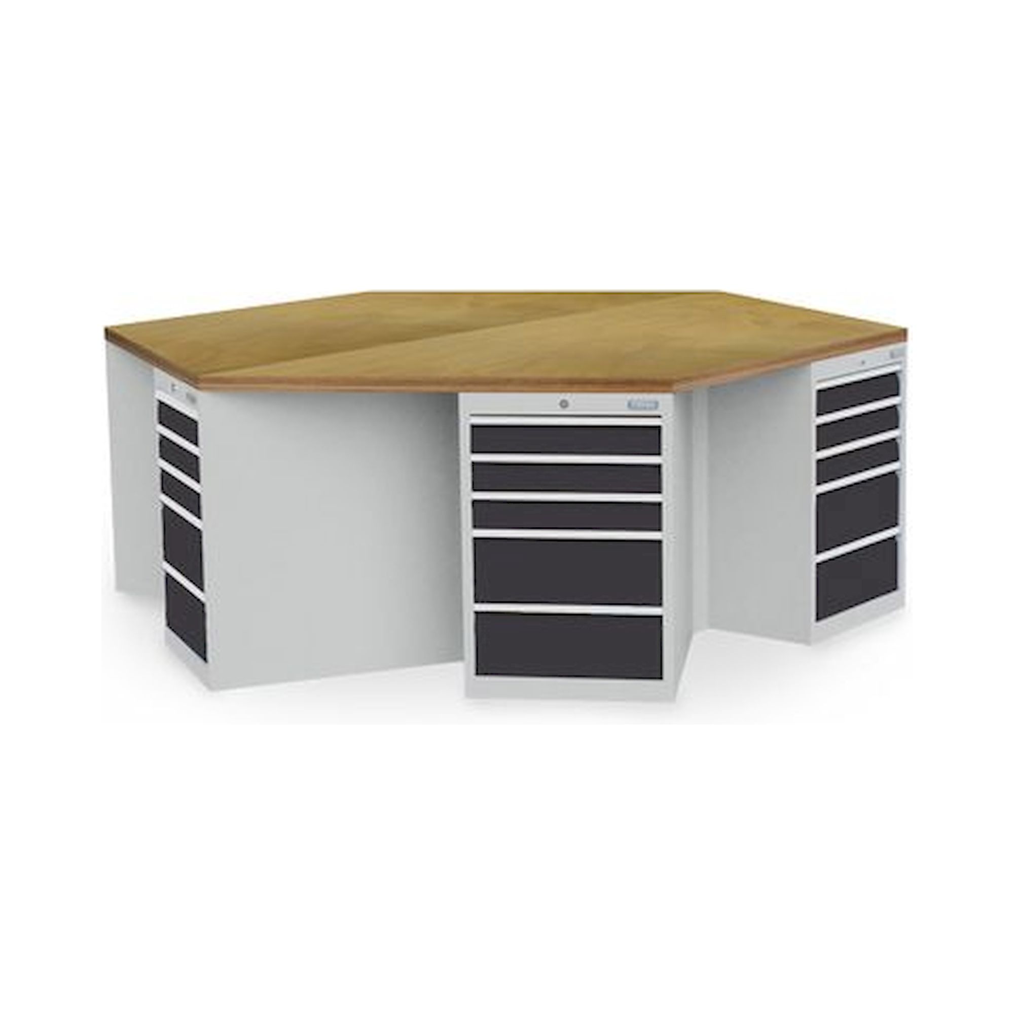 Bedrunka+Hirth 03.066.05-1VZ. 6-Eck-Werkbank, Breite 2500mm, 6xSchubladenschrank R 18-24, Maße in mm (BxTxH): 2500x2165x859