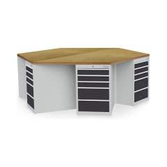 Bedrunka+Hirth 03.066.05-1VZ. 6-Eck-Werkbank, Breite 2500mm, 6xSchubladenschrank R 18-24, Maße in mm (BxTxH): 2500x2165x859