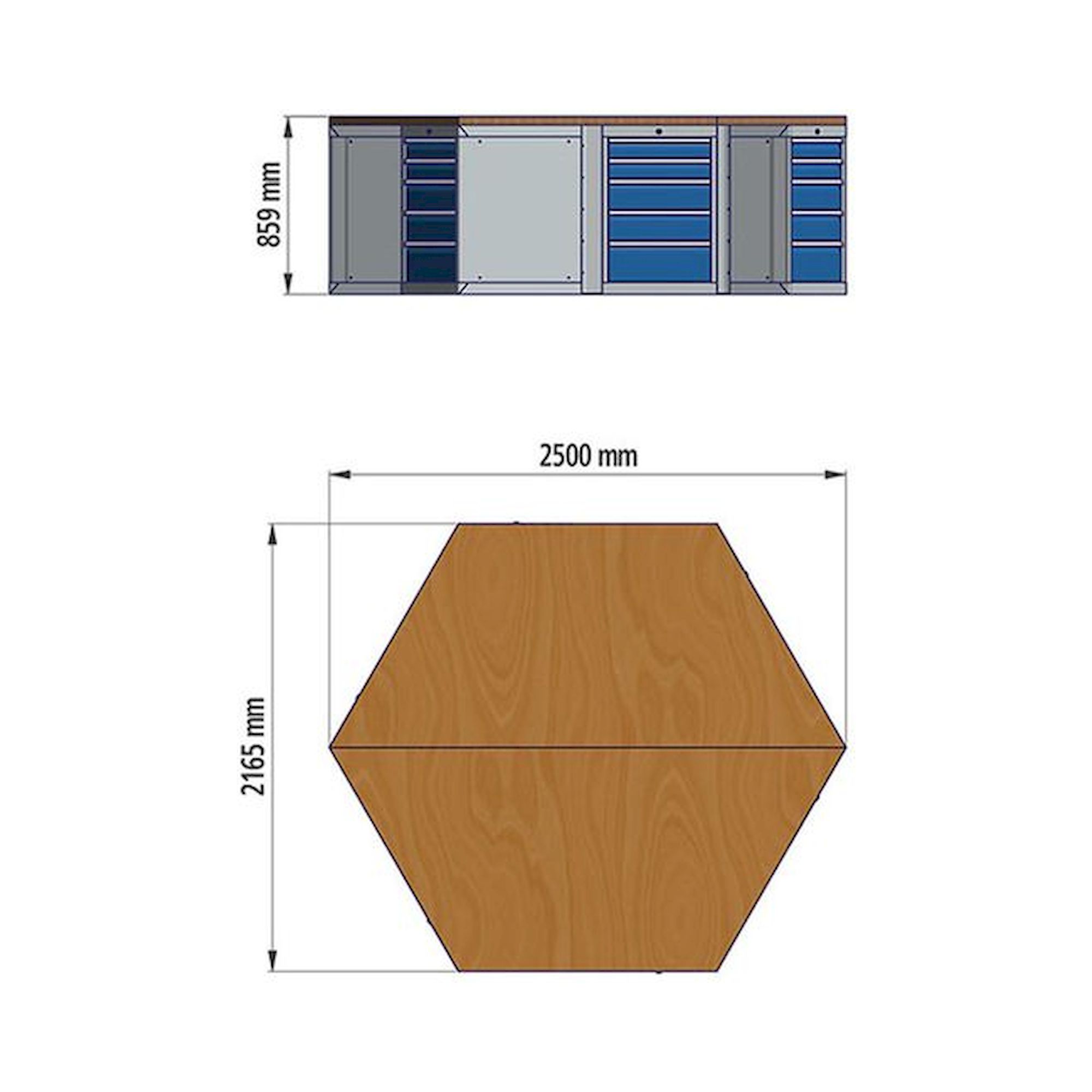 Établi hexagonal, Largeur 2500mm, 6 x armoire à tiroirs R 18-24 - Bedrunka+Hirth 03.066.05-1VZ