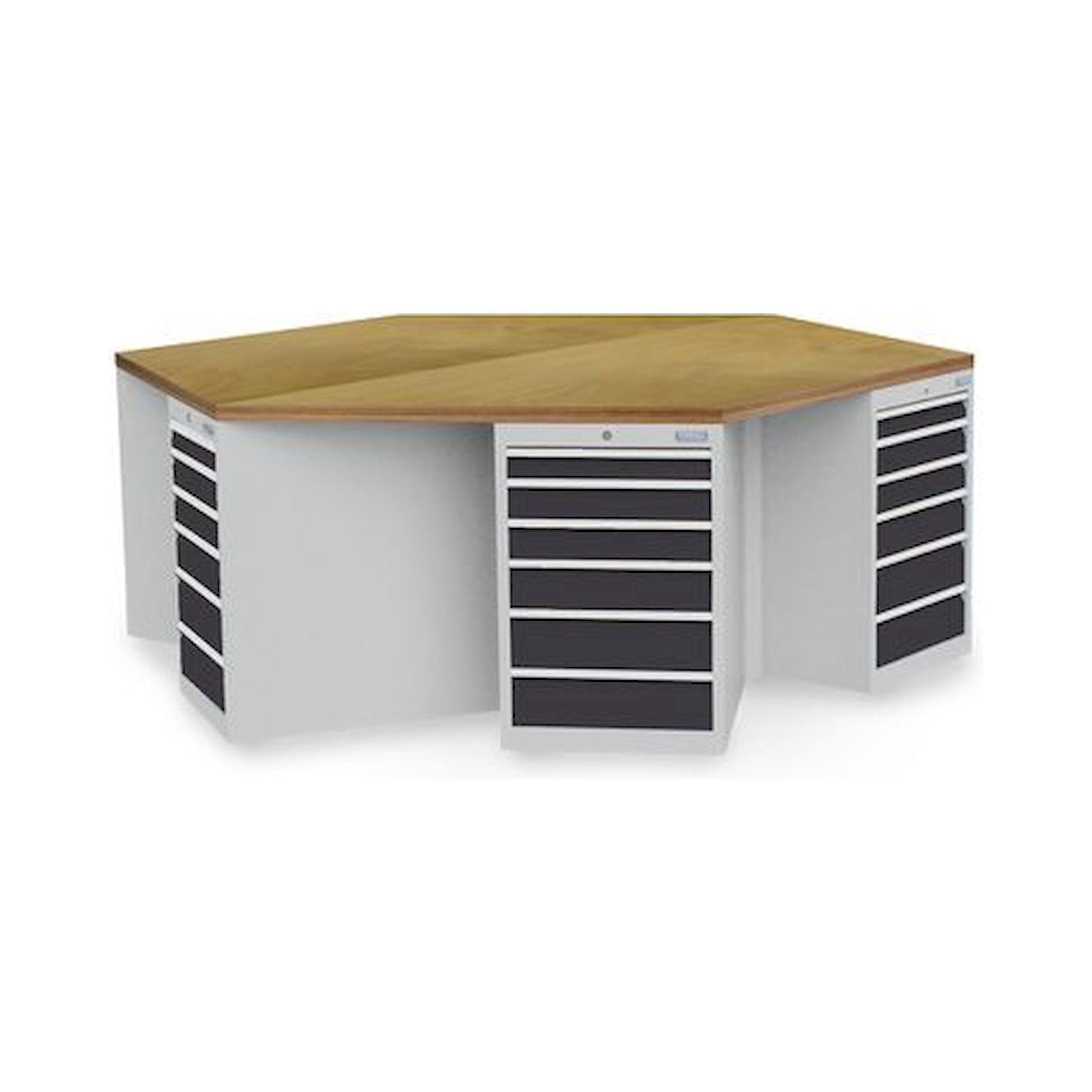Bedrunka+Hirth 03.066.06-1VZ. 6-Eck-Werkbank, Breite 2500mm, 6xSchubladenschrank R 18-24, Maße in mm (BxTxH): 2500x2165x859