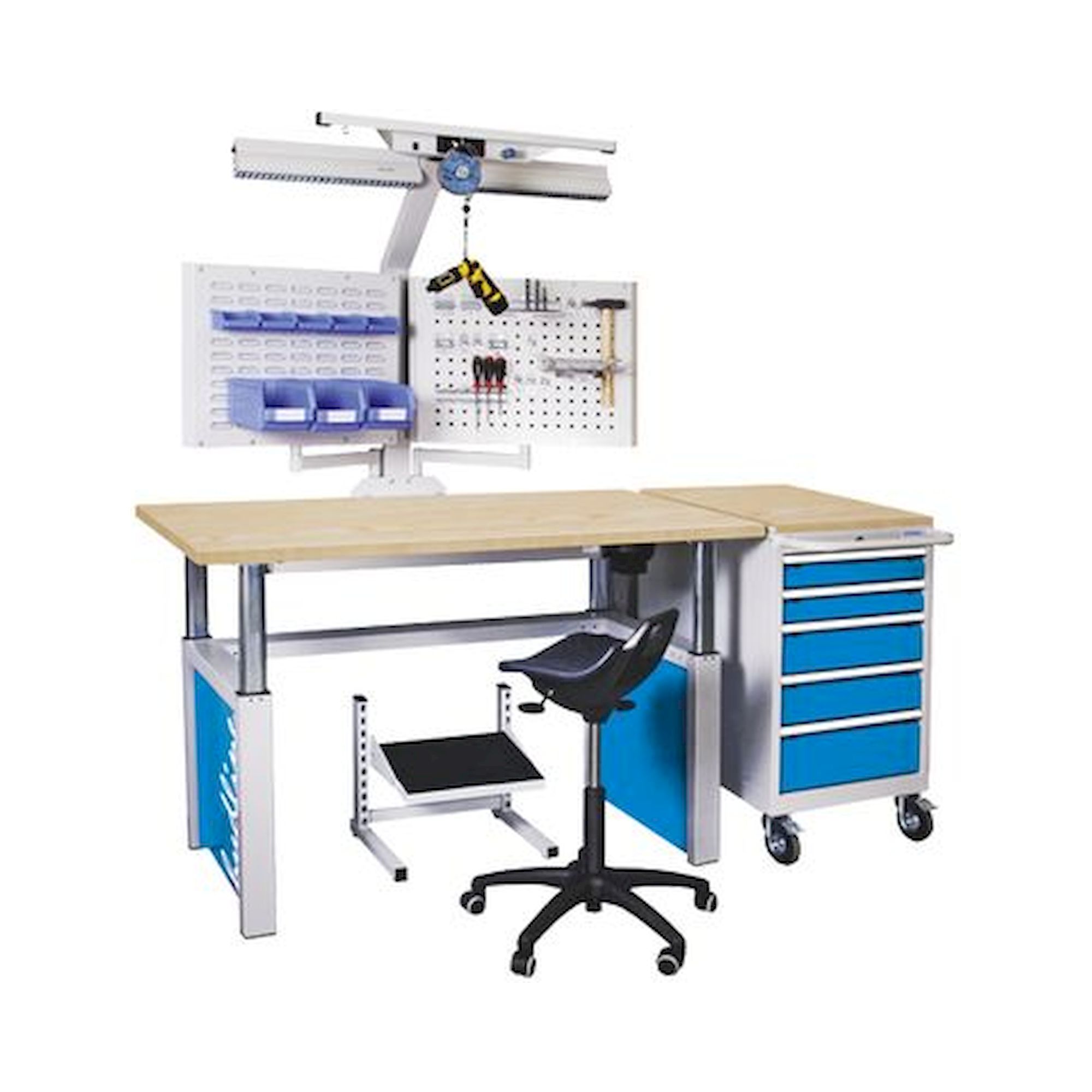 Bedrunka+Hirth 03.15.40.07. Hydline Kombination mit Arbeitsplatte Buche Multiplex 40 mm, Breite 1500, elektrische Höhenverstellung, 1x Stativaufbau, 2x Schwenkarm, 1x Mobiler Schubladenschrank