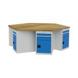Bedrunka+Hirth 03.66.11/450V. 6-Eck-Werkbank, Breite 2500mm, 6xSchubladenschrank, je 2xSchublade, 1xFlügeltüre