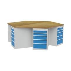 Bedrunka+Hirth 03.66.05V. 6-Eck-Werkbank, Tiefe 736, R 18-24, Schubladenanzahl je Schrank: 5