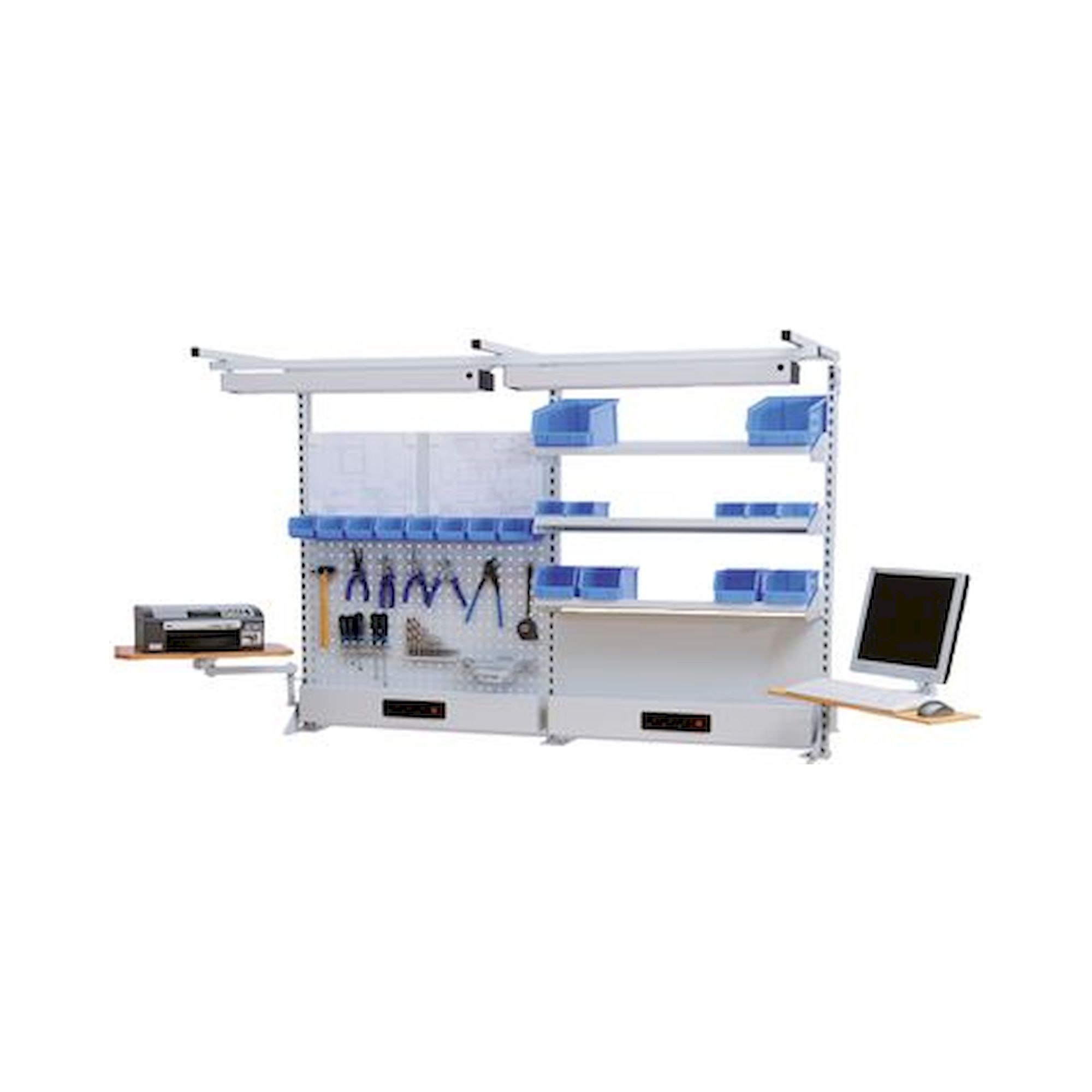 Bedrunka+Hirth 03.900.20.16. Multi-Wand-Aufbau Breite 2000 mit Obergestell, 2x Energiekanal, 2x Magnetwand, 2x Lochwand, 3x Fachboden, 2x Schwenkarm