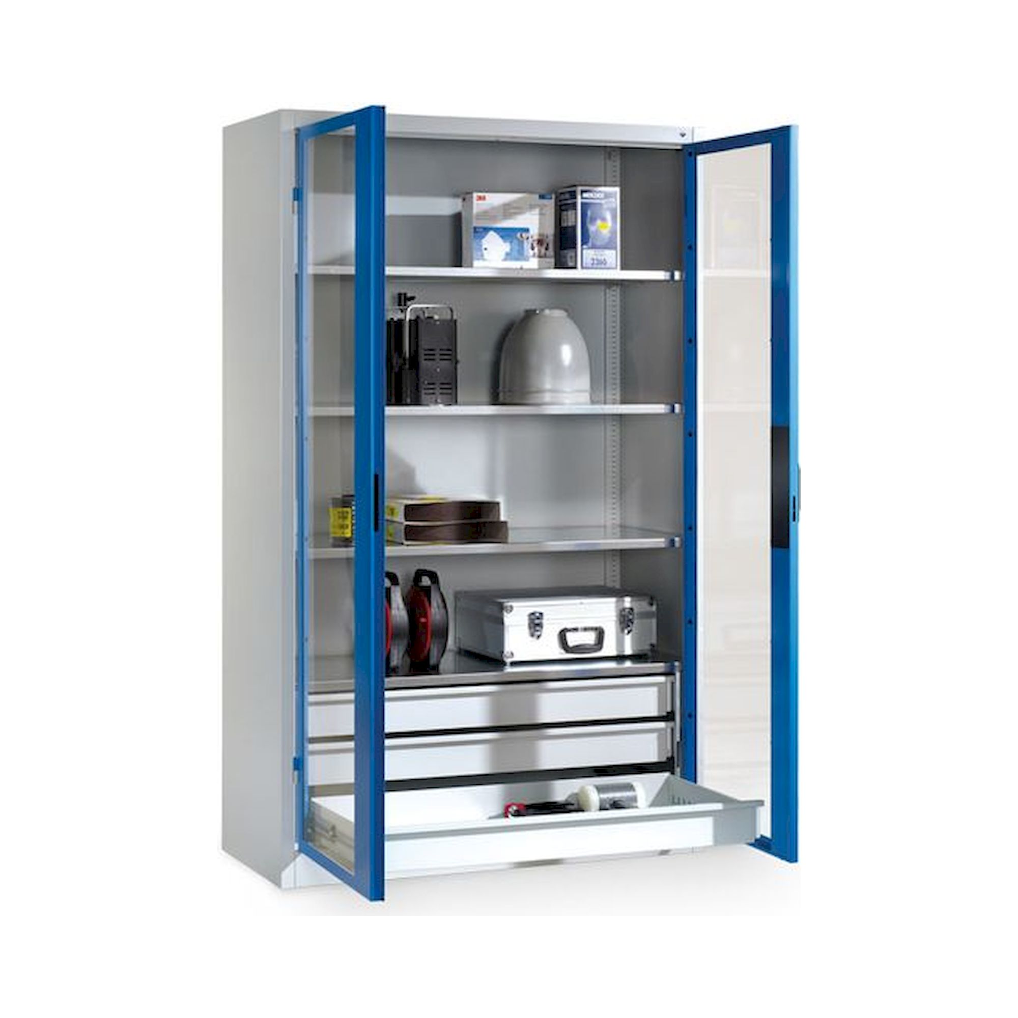 Bedrunka+Hirth 04156120G-1. Flügeltürenschrank mit unterem Schubladenblock und Sichtfenster