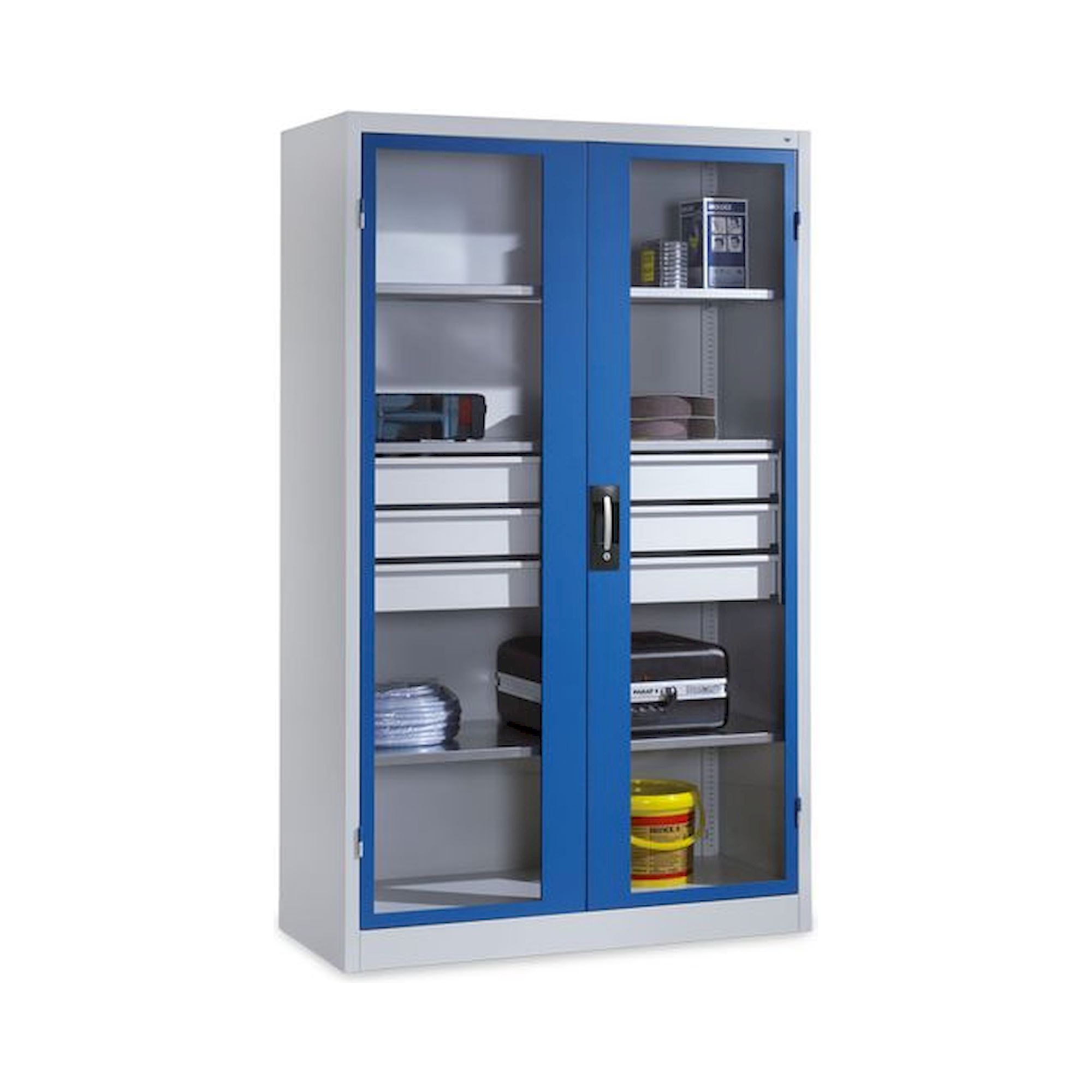 Bedrunka+Hirth 04156120G-2. Flügeltürenschrank mit unterem Schubladenblock und Sichtfenster