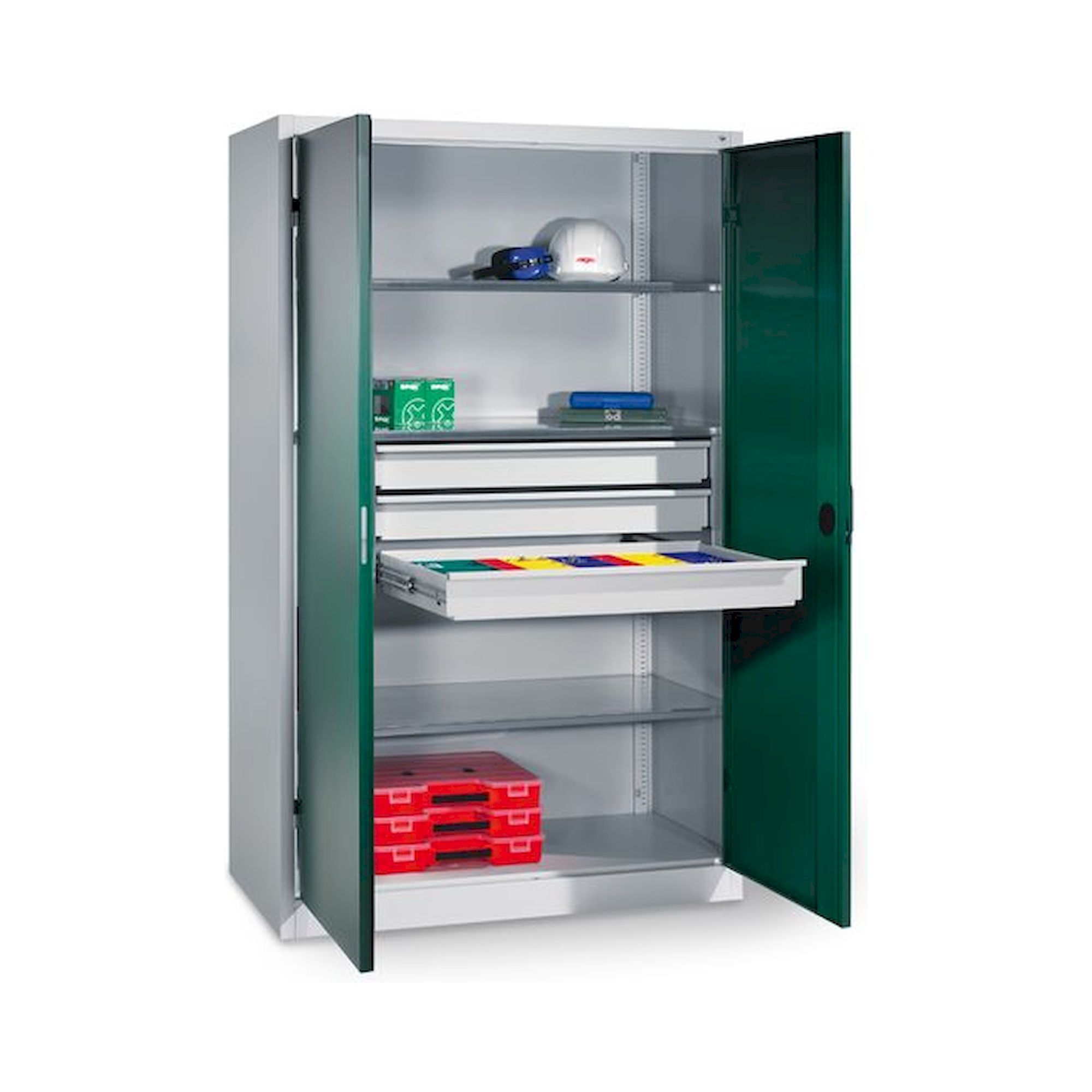 Bedrunka+Hirth 04S156120-1. Schwerlastschrank mit mittigem Schubladenblock, 3xVerstellbare, verzinkte Fachböden