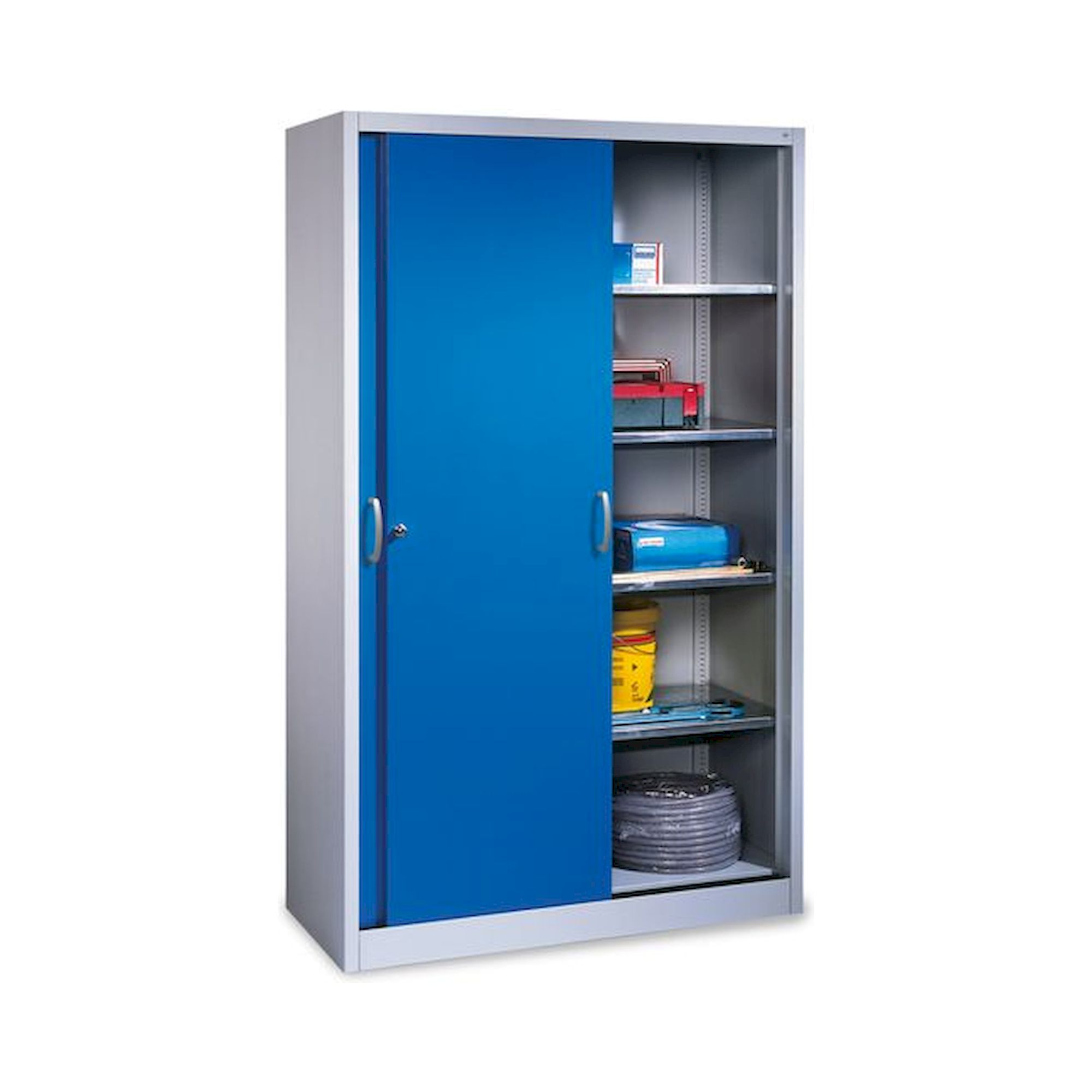 Bedrunka+Hirth 04S255160. Schwerlastschrank mit Schiebetüren, 4x Verstellbare, verzinkte Fachböden je links und rechts mit Mitteltrennwand