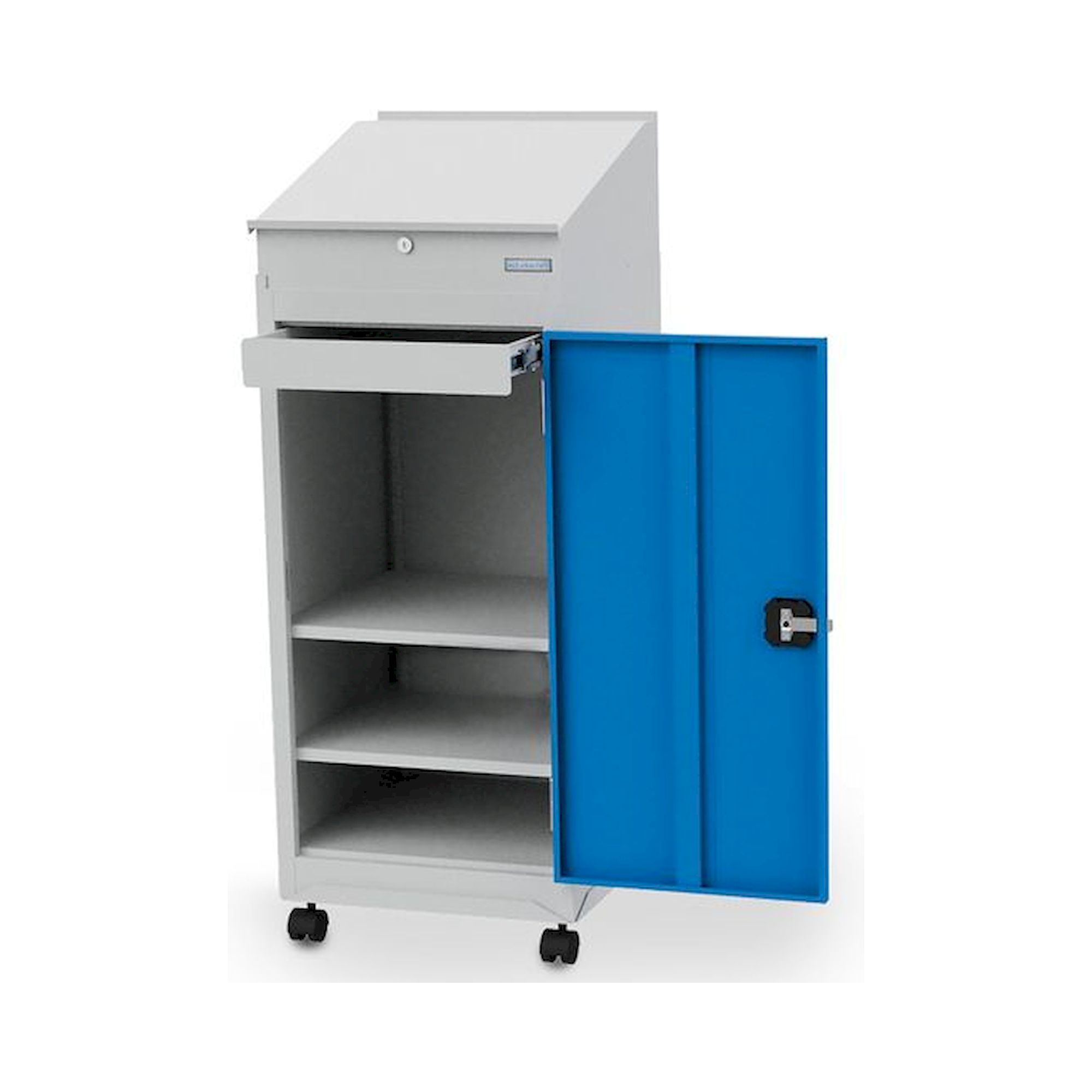 Bedrunka+Hirth 04.105K. Flügeltürenschrank 105 mit Rolluntersatz Ø 125 mm und Pultaufsatz, Tiefe 500 mm, 2xhöhenverstellbare Fachböden, 1xSchublade