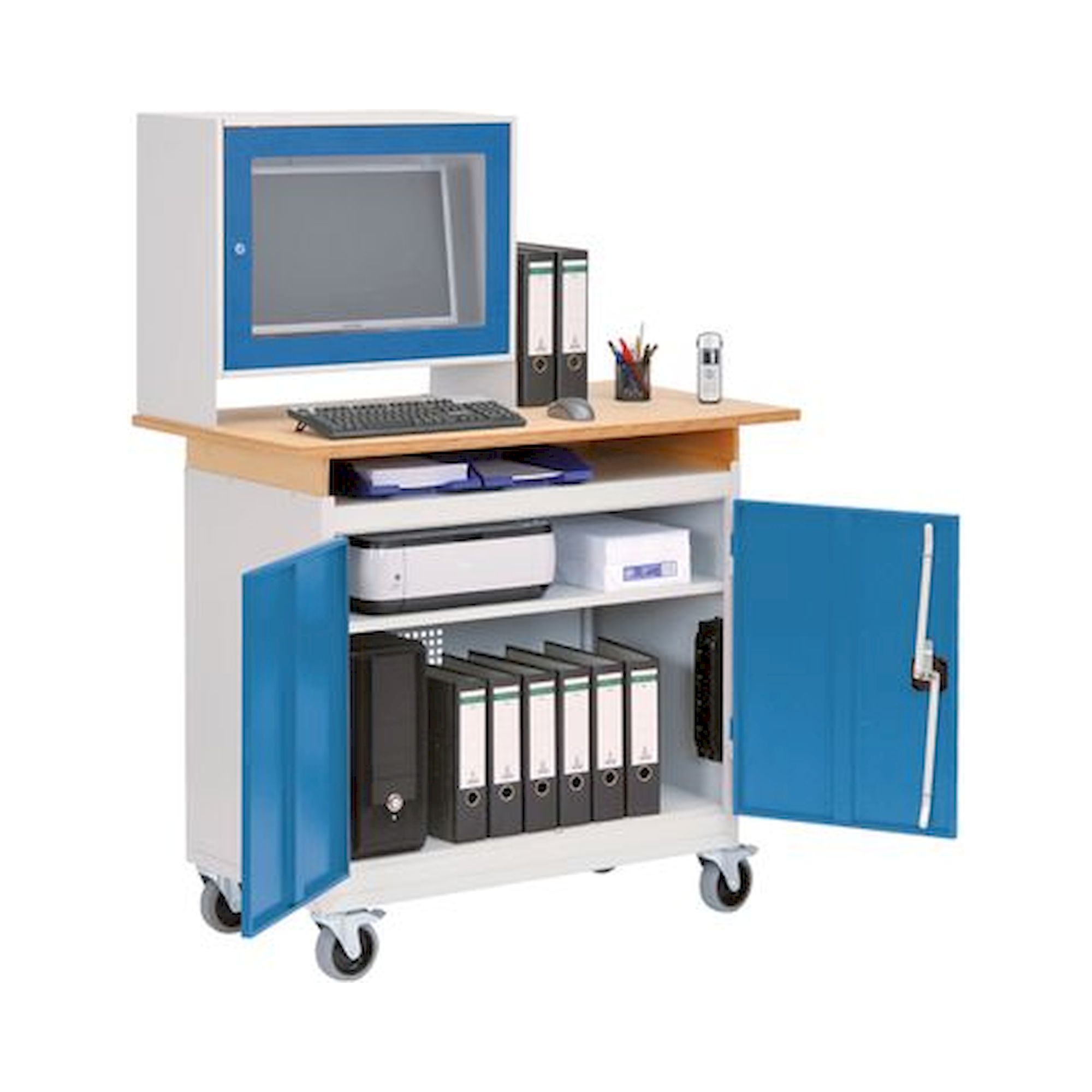 Bedrunka+Hirth 04.180.C07. Computerwagen mit Monitoraufsatzgehäuse und Holzablage, Anzahl Flügeltüren: 2