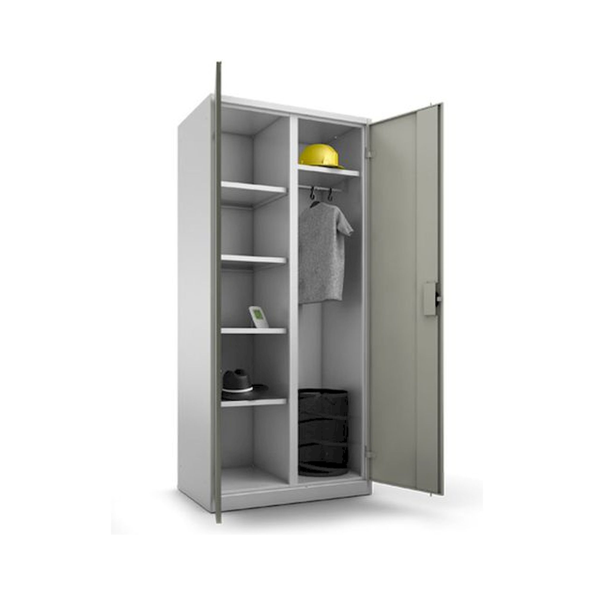 Bedrunka+Hirth 04.K13.16.090. Putz,- Material- und Kleiderschrank, Kleider-Akten-Einteilung, Links 4 Fachböden, Rechts Hutboden, darunter Kleiderstange mit, 3xVerschiebehaken, 2xFlügeltüre