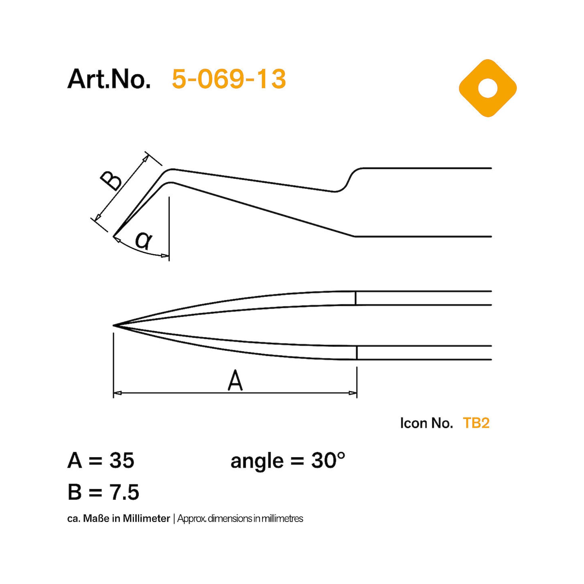 Bernstein 5-069-13. ESD SMD Pinzette 115 mm Form 5abb-Z Edelstahl Winkel 30° gezahnt, ableitfähig
