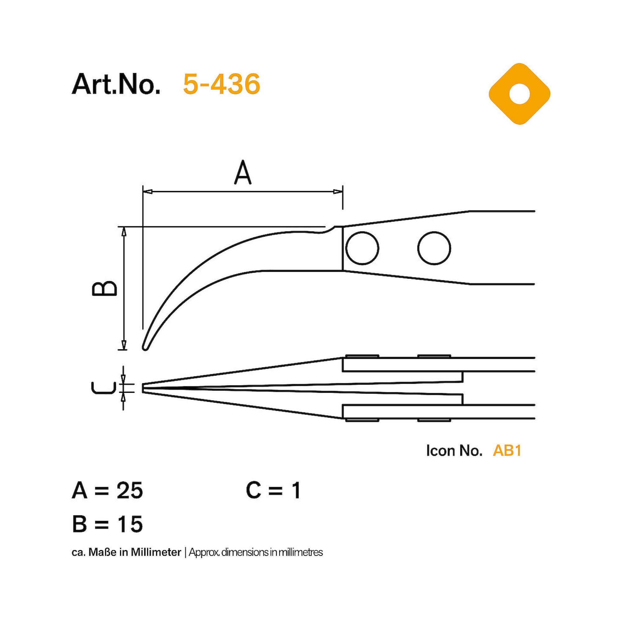 Bernstein 5-436. ESD Pinzette mit auswechselbaren Spitzen gebogen 0,2 mm breit, leitend