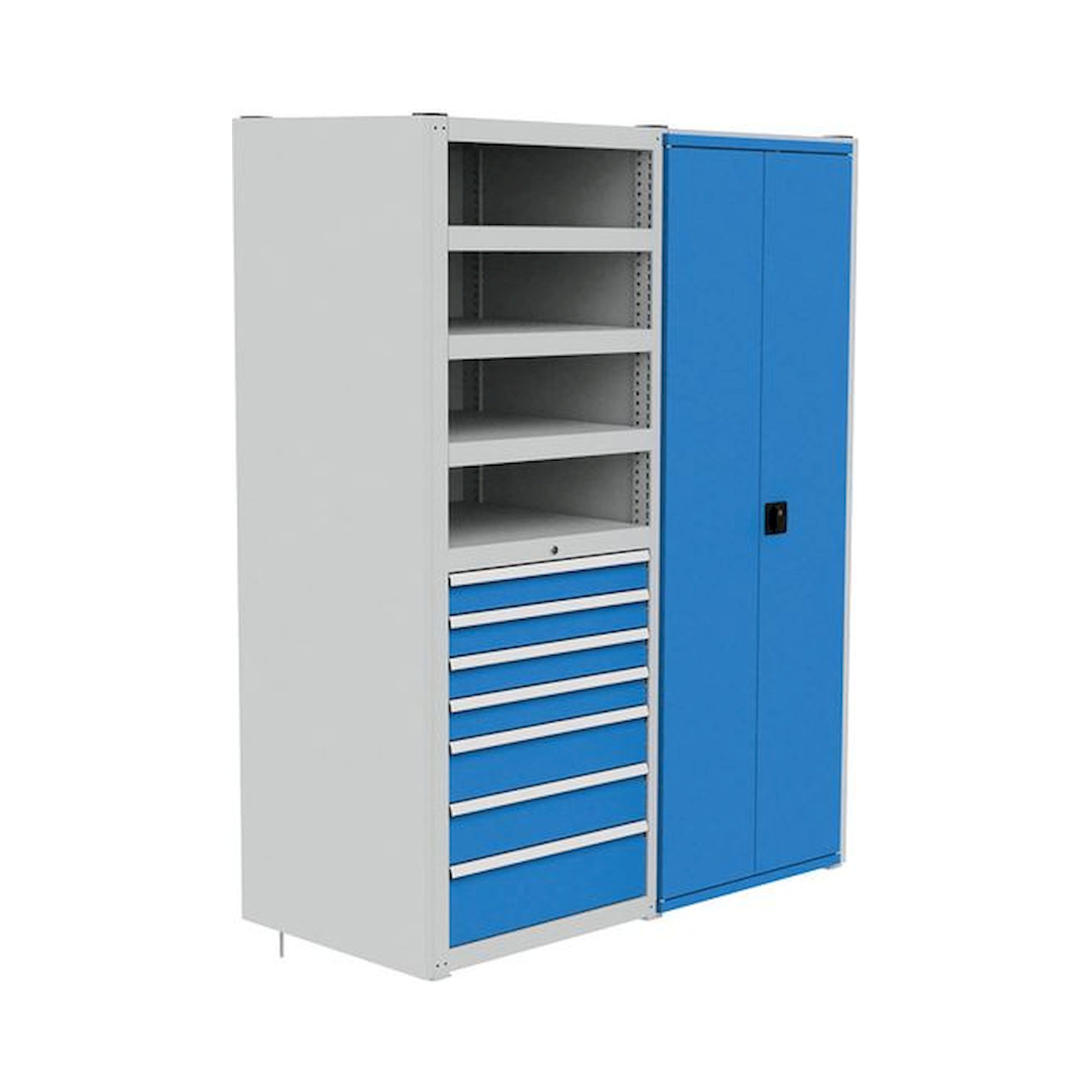 Bedrunka+Hirth SRK05. Modul 5 | 1400,
 3x Tragrahmen, 2x Rückwand, 2x Seitenabschlusswand, 
 2x Zwischenwand, 3x Uni-Fachboden glatt, 5x Fachboden glatt, 4x Fachboden - Seitenblech, 1x Flügeltüren-Einbausatz, 1x Tragbodensatz mit Zylinderschloss, 7x Sch