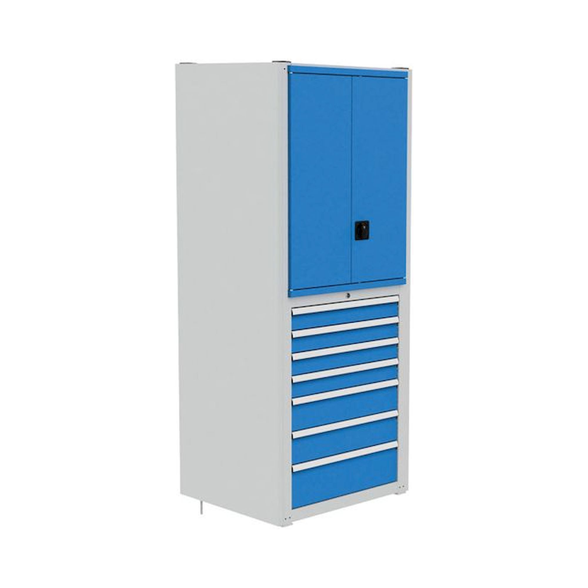 Bedrunka+Hirth SRK06. Modul 6 | 700,
 2x Tragrahmen, 1x Rückwand, 2x Seitenabschlusswand, 
 1x Uni-Fachboden glatt, 2x Fachboden glatt, 6x Fachboden - Seitenblech, 1x Flügeltüren-Einbausatz, 1x Tragbodensatz mit Zylinderschloss, 7x Schubladen