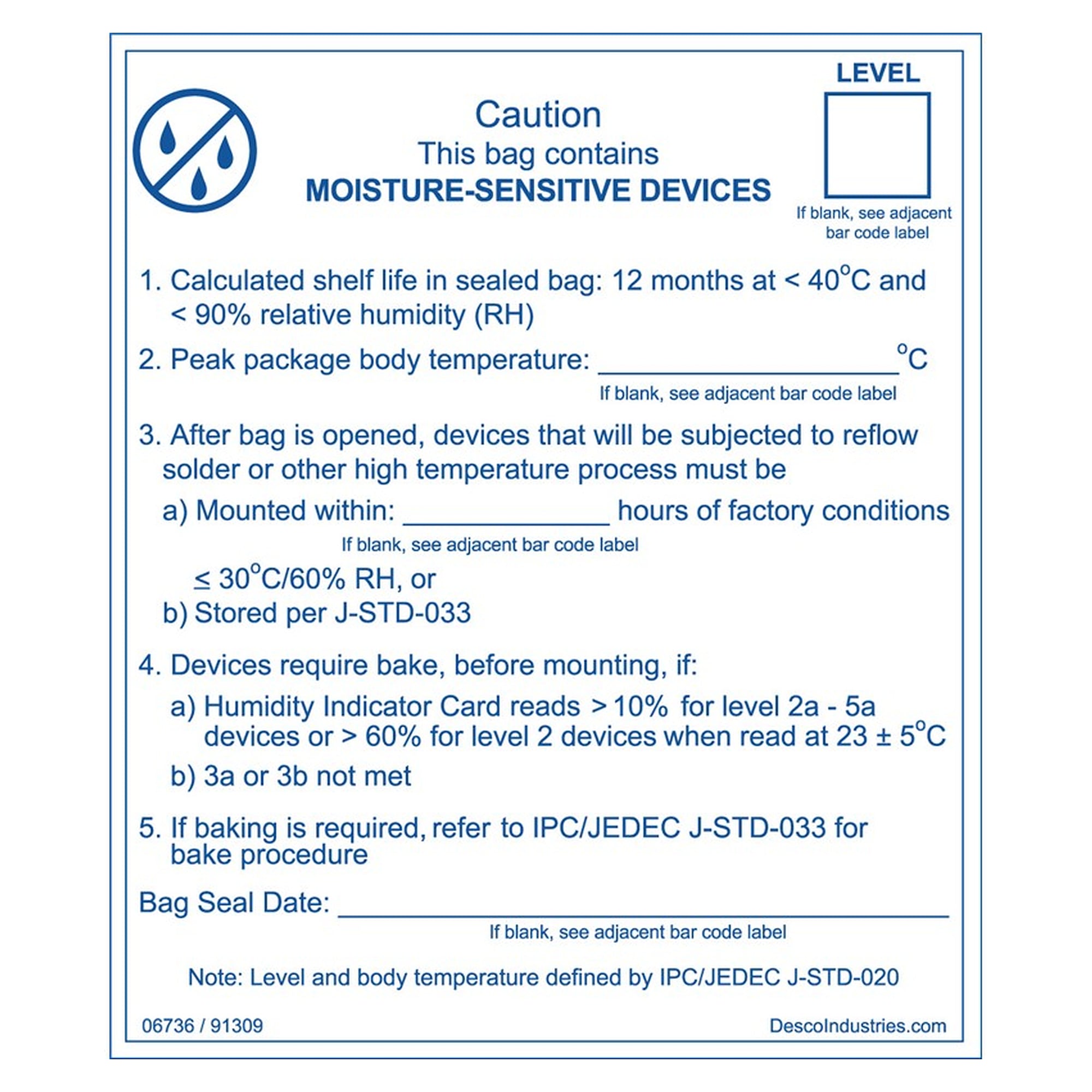 Moisture Sensitive Caution Label per JEDEC J-STD-020 for Moisture Barrier Bags, 83 x 95 mm, Roll of 100 - Desco 06736