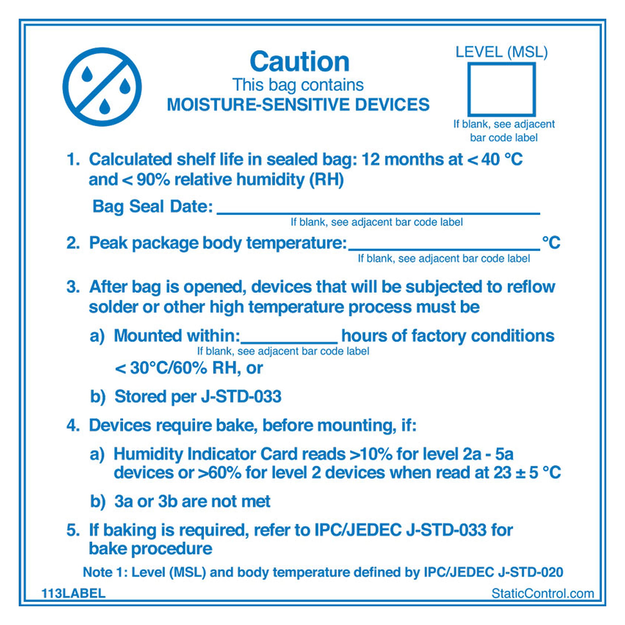 Étiquette d'avertissement humidité IPC/JEDEC J-STD-020, 102 x 102 mm, rouleau de 100 - Desco 113LABEL