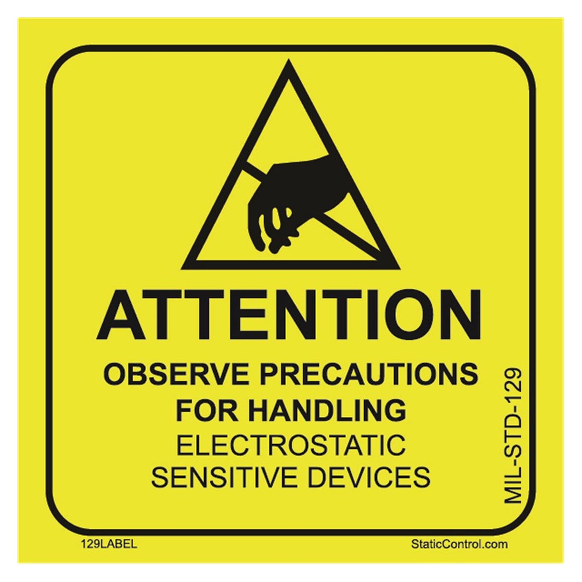 ESD Attention Label per MIL-STD-129, 51 x 51 mm, Yellow/Black, Tamper-Evident, Roll of 500 - Desco 129LABEL