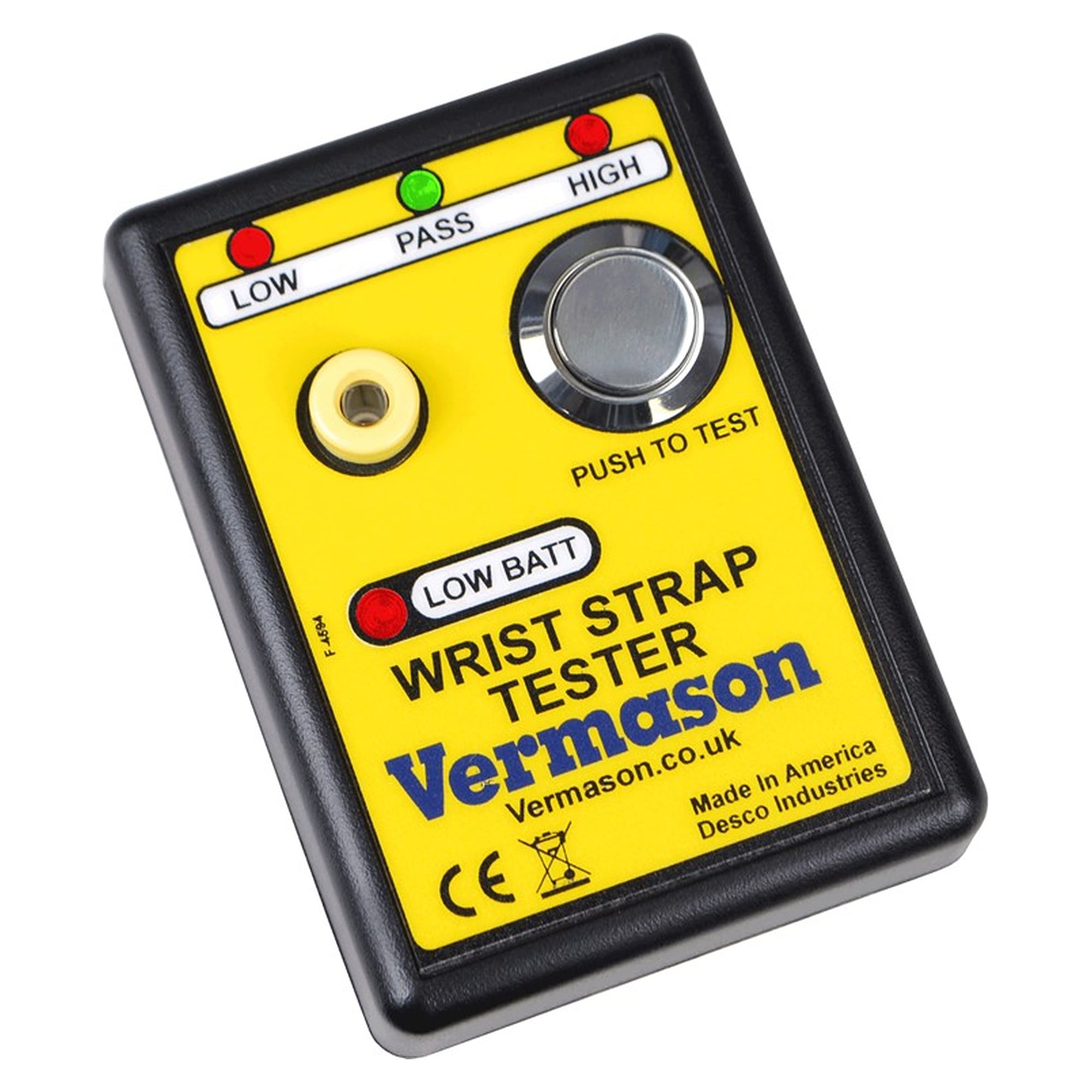 Portable Wrist Strap Tester, 9 V Battery, 750 Kilohm to 35 Megohm Limits, Vermason - Desco 225221