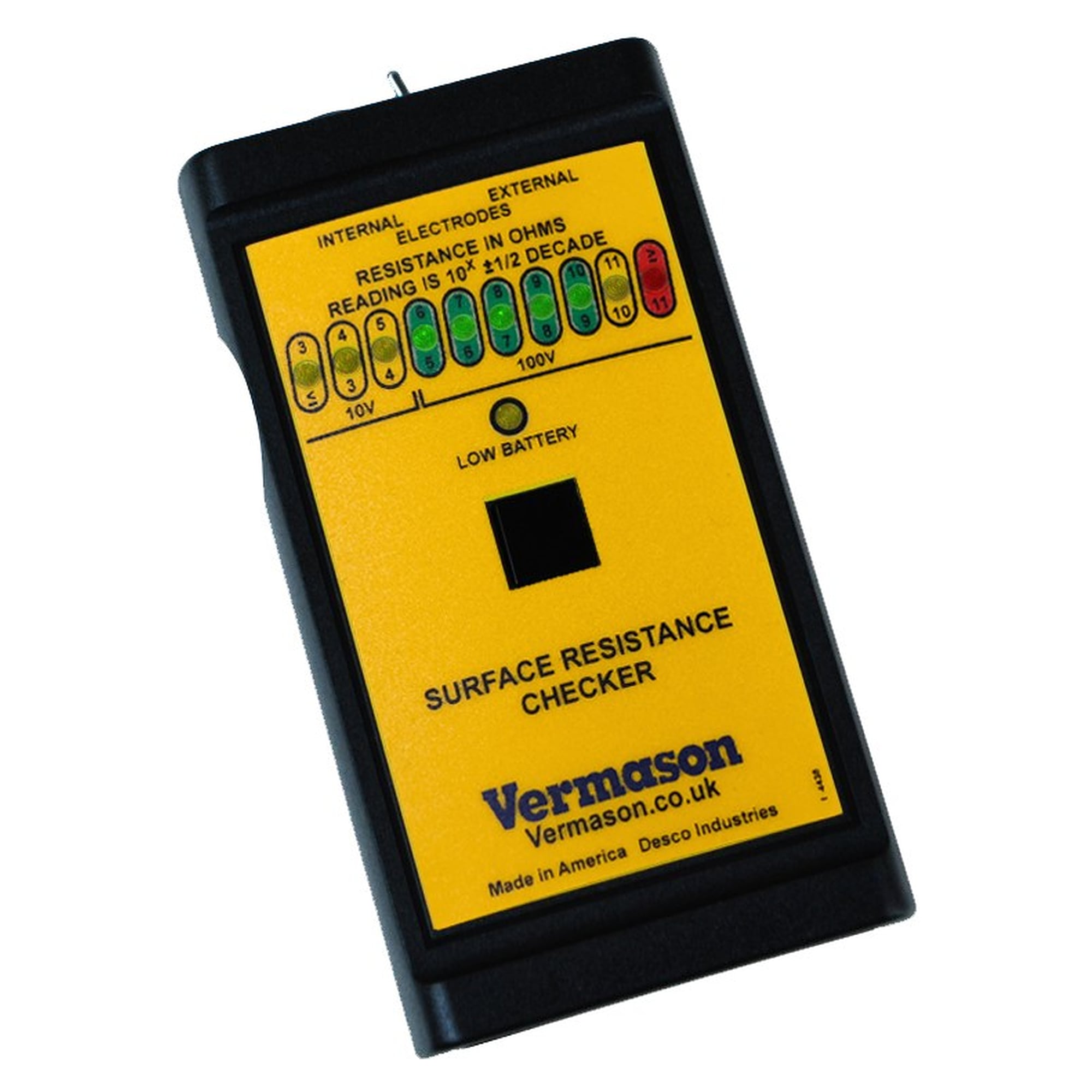 Surface Resistance Checker 10^3 to 10^12 Ohms, 10/100 V Test Voltage, Vermason - Desco 225717