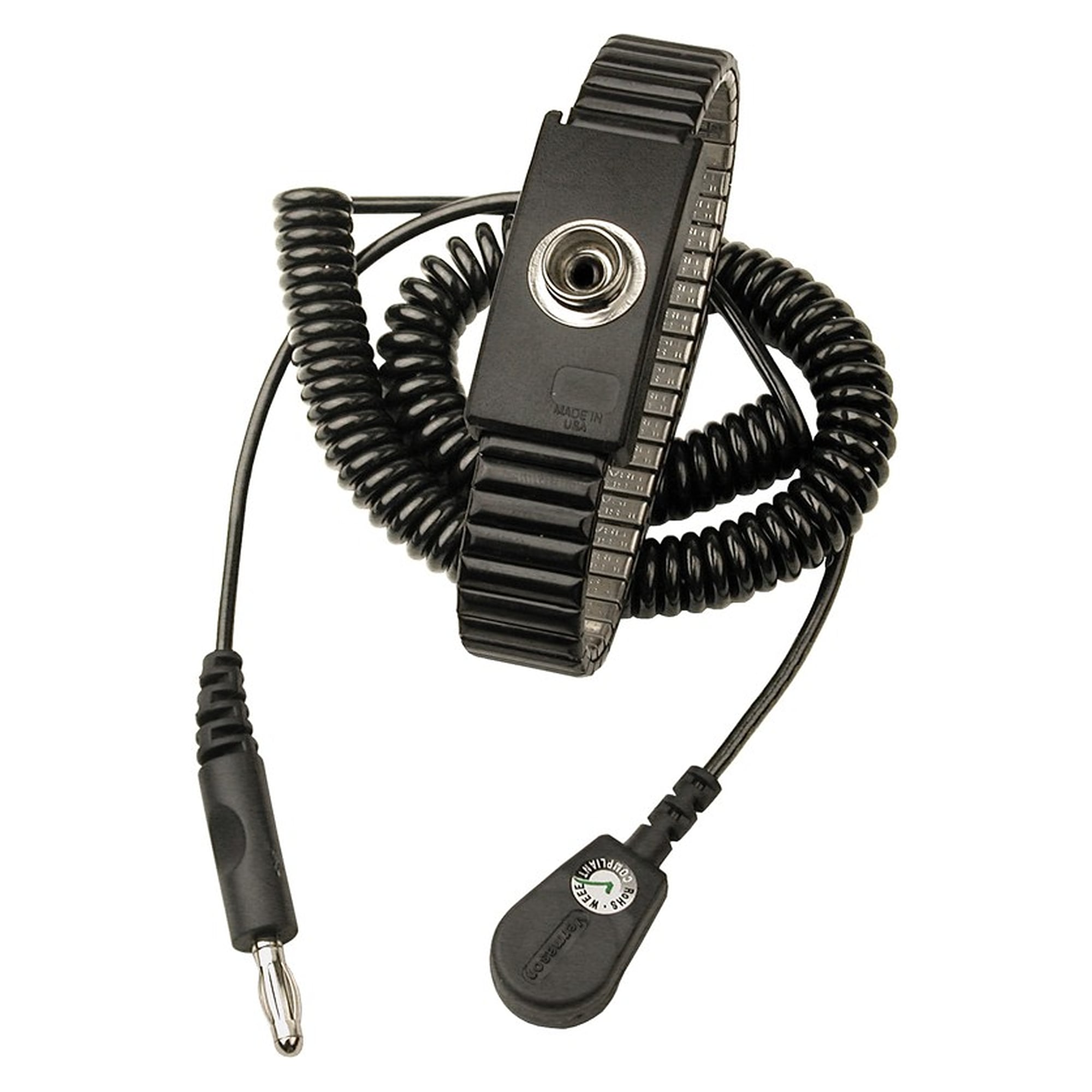 Service Engineer's Adjustable Metal Wrist Strap with 2 m Coiled Cord, 10 mm to 4 mm Plug - Desco 229625