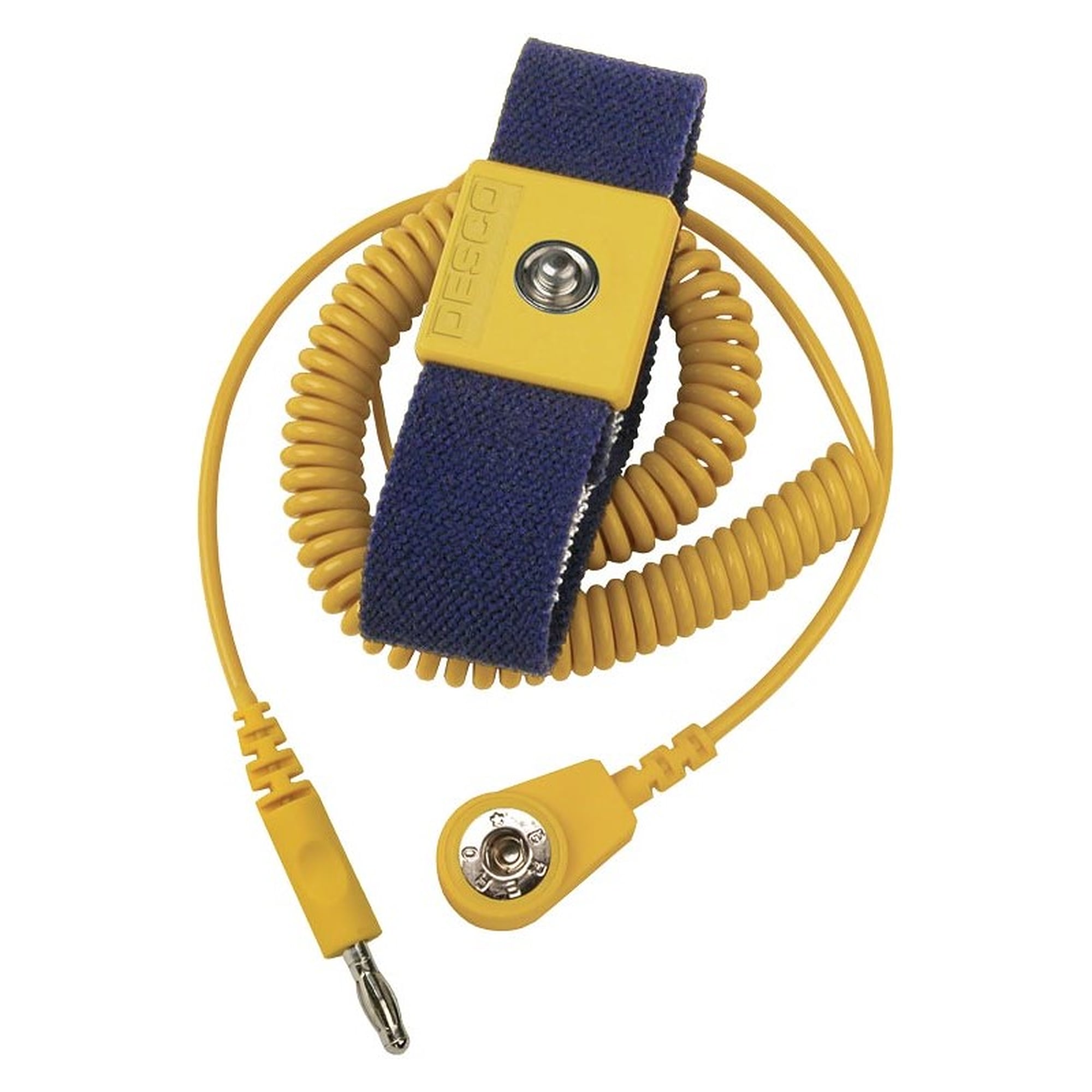 Elastic Wrist Strap with 2 m Coiled Cord, 4 mm Stud, 4 mm Plug, Dark Blue - Desco 229986