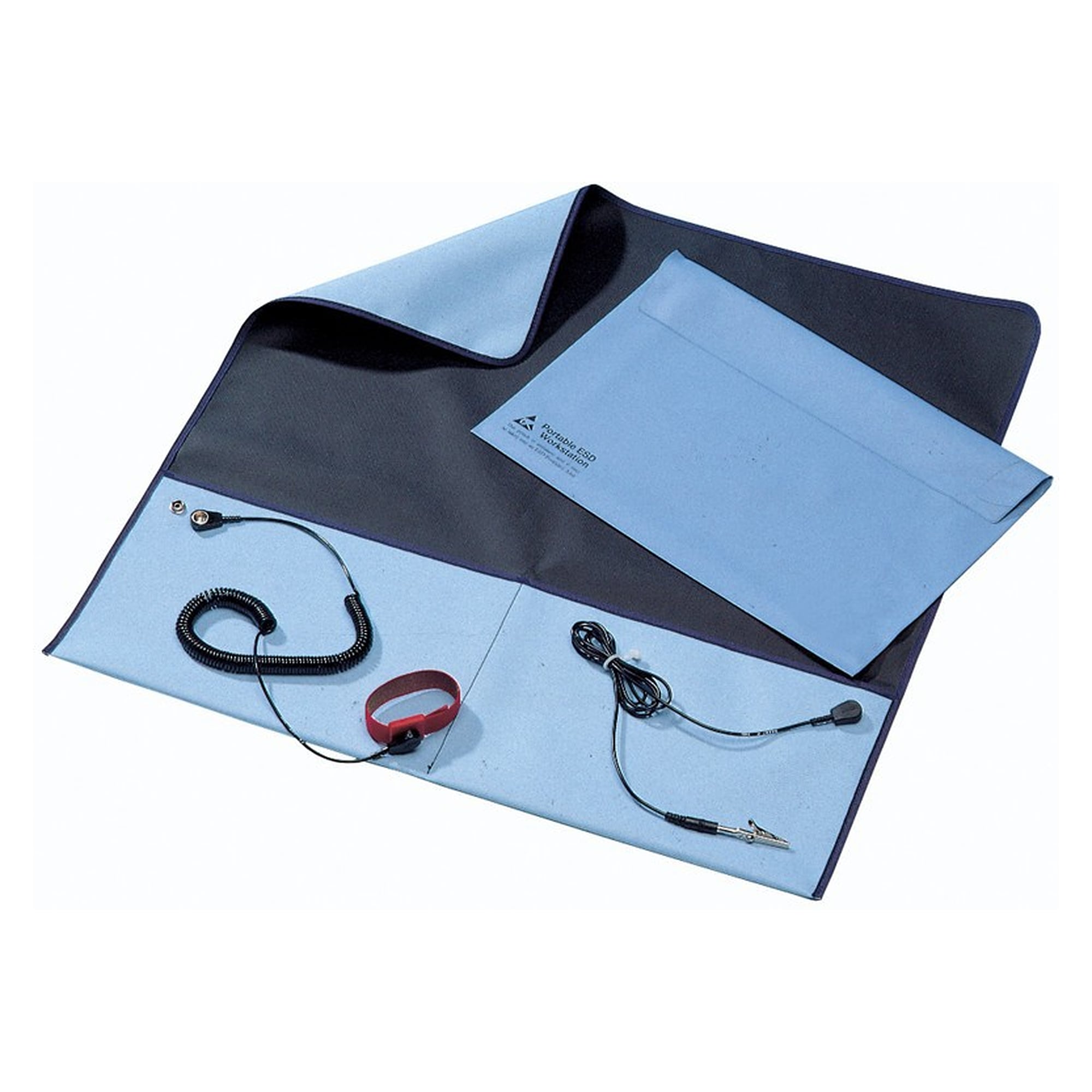 Tragbares ESD-Service-Set mit Matte 610 x 610 mm, blau/schwarz, 2 Taschen, mit Armband - Desco 231611