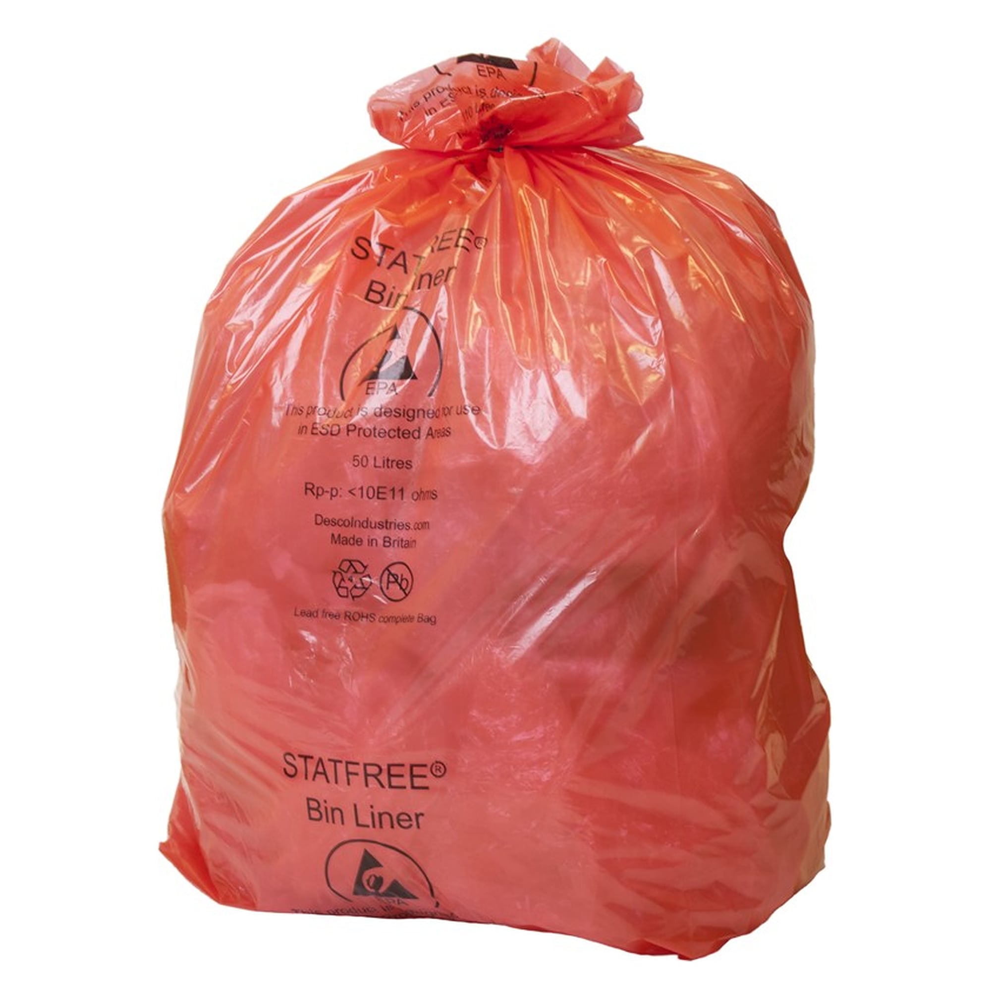 Antistatic Waste Bags 50 l, Red, 660 x 740 mm, for Bin 239215, Pack of 100 - Desco 239225