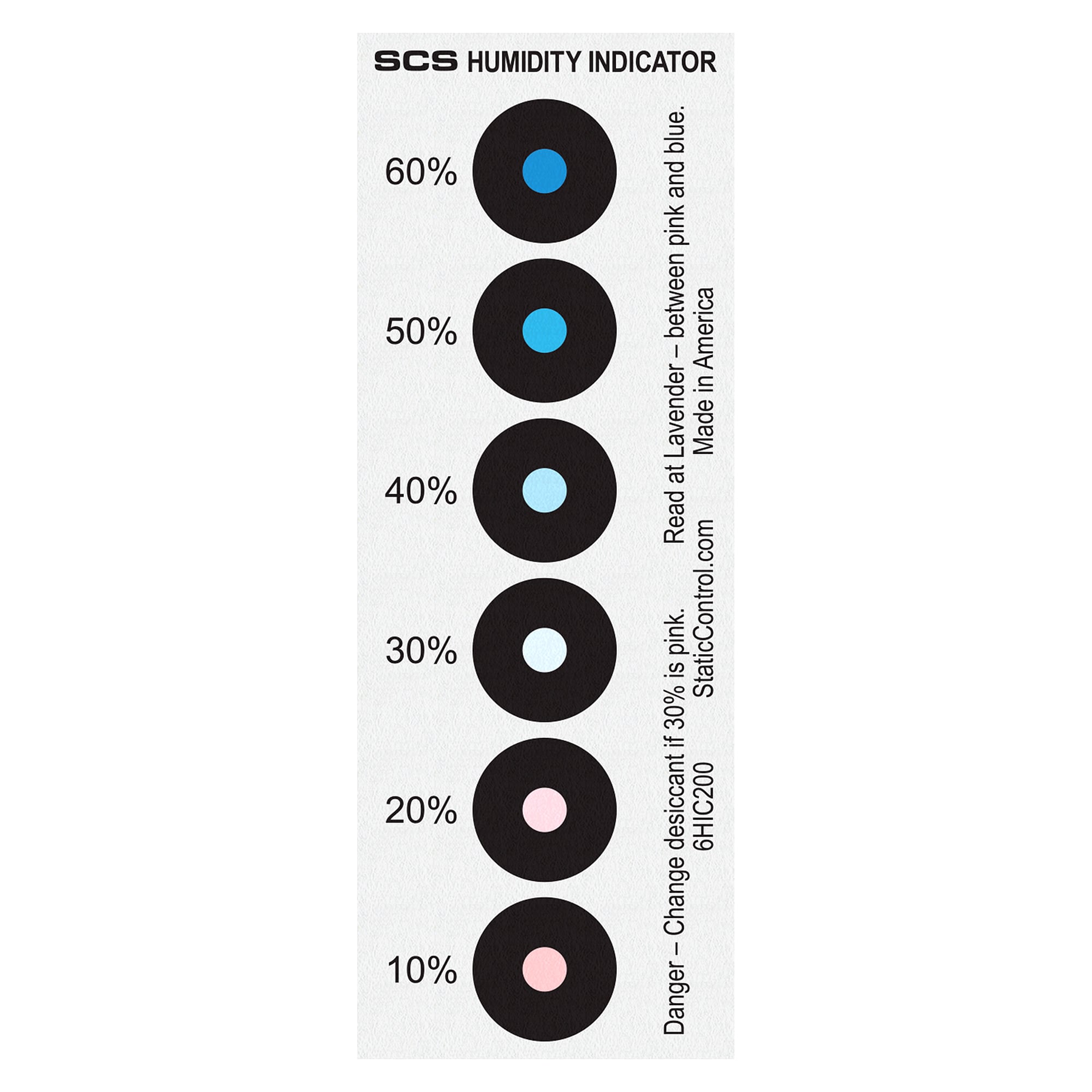 Humidity Indicator Card, 6 Spots, 10 to 60 % RH, 40 x 121 mm, Can of 200 - Desco 6HIC200