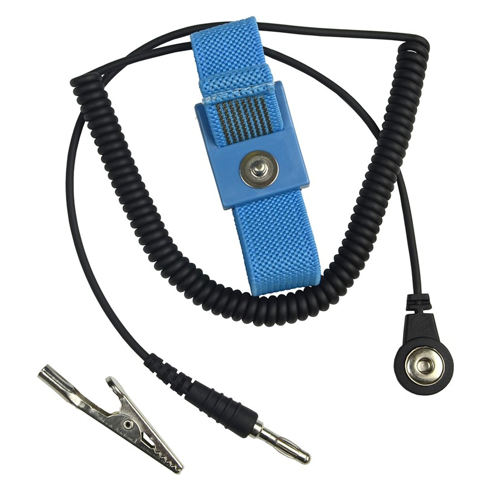 Adjustable Wrist Strap, Blue Fabric Band, 1.8 m Coil Cord, 4 mm Snap - Desco ECWS61M-1