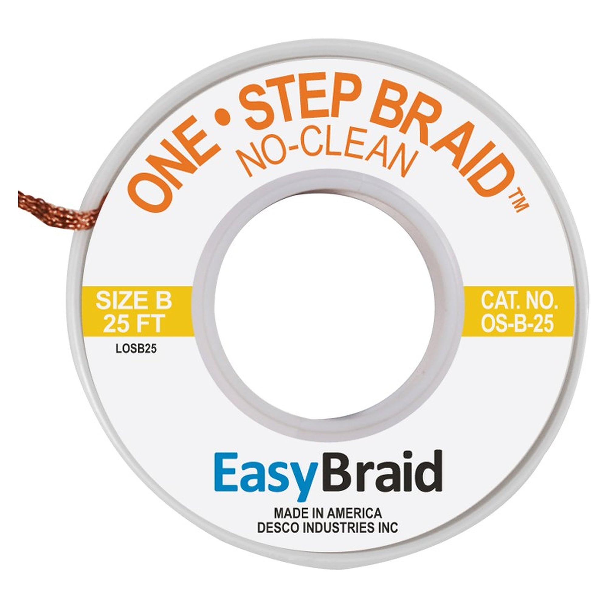 One-Step No-Clean Desoldering Braid on Spool, 1.27 mm to 2.54 mm Wide, 7.62 m to 30.5 m Long - Desco