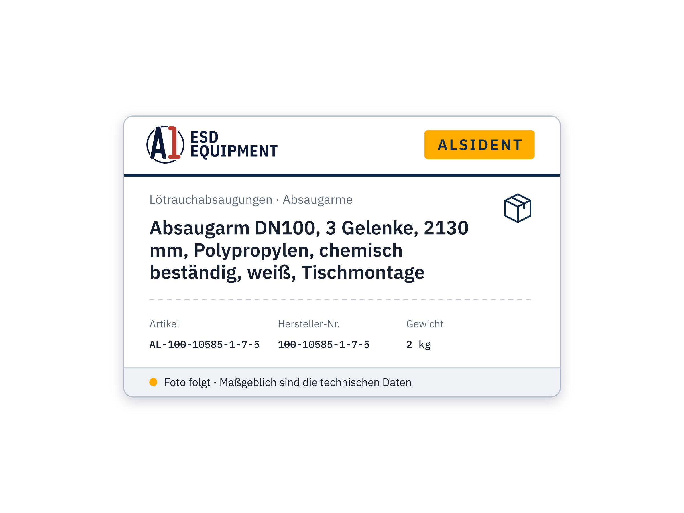 Extraction arm DN100, 3 joints, 2130 mm, polypropylene, chemical resistant, white, table mounting - Alsident 100-10585-1-7-5