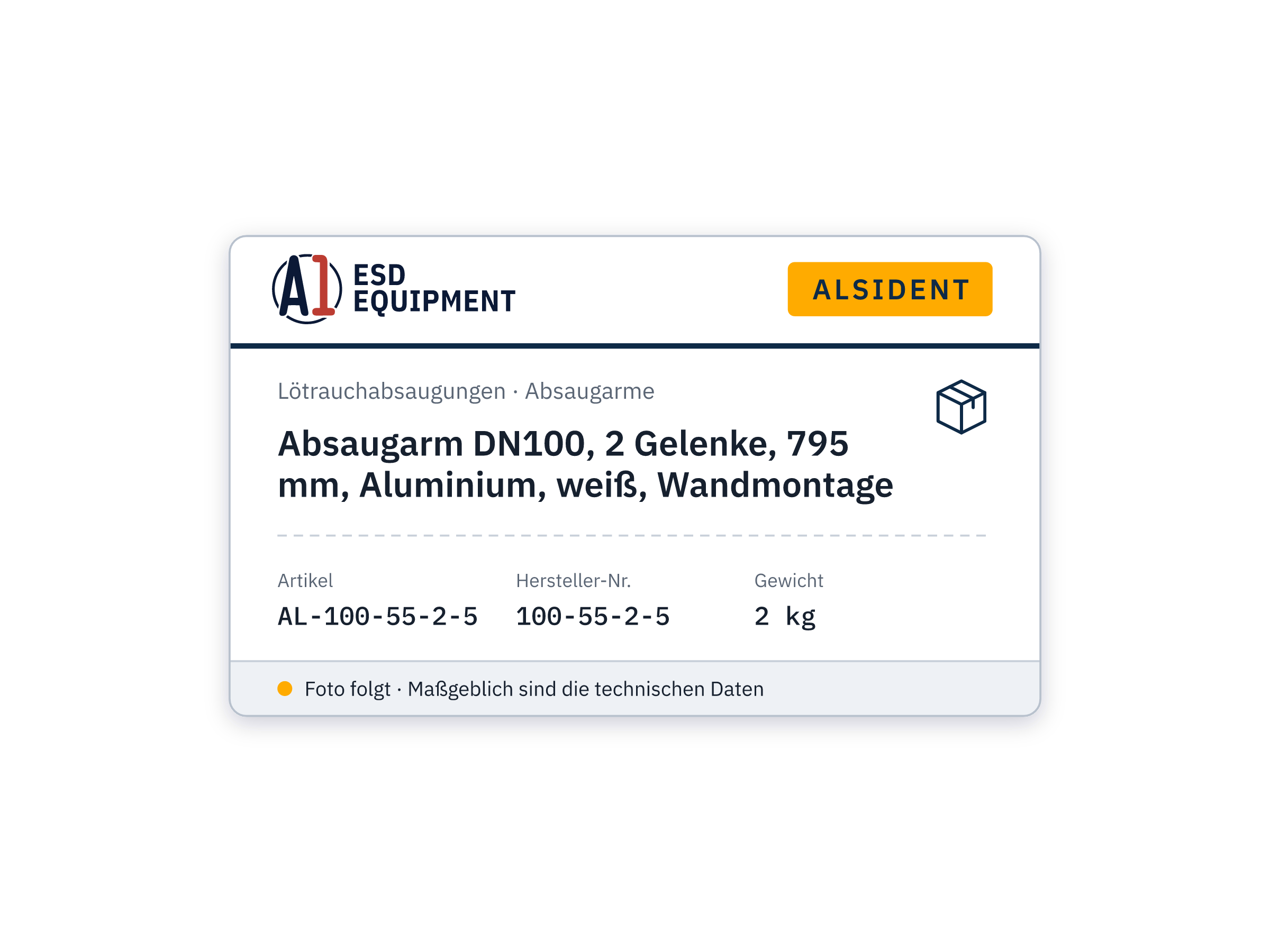 Absaugarm DN100, 2 Gelenke, 795 mm, Aluminium, weiß, Wandmontage - Alsident 100-55-2-5
