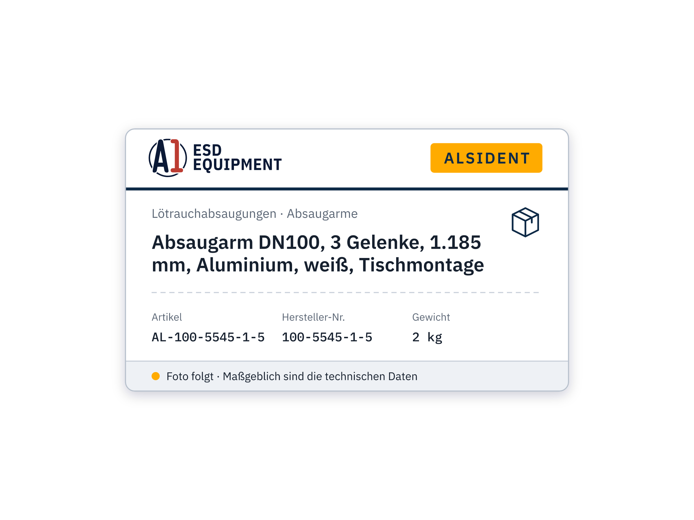 Absaugarm DN100, 3 Gelenke, 1.185 mm, Aluminium, weiß, Tischmontage - Alsident 100-5545-1-5