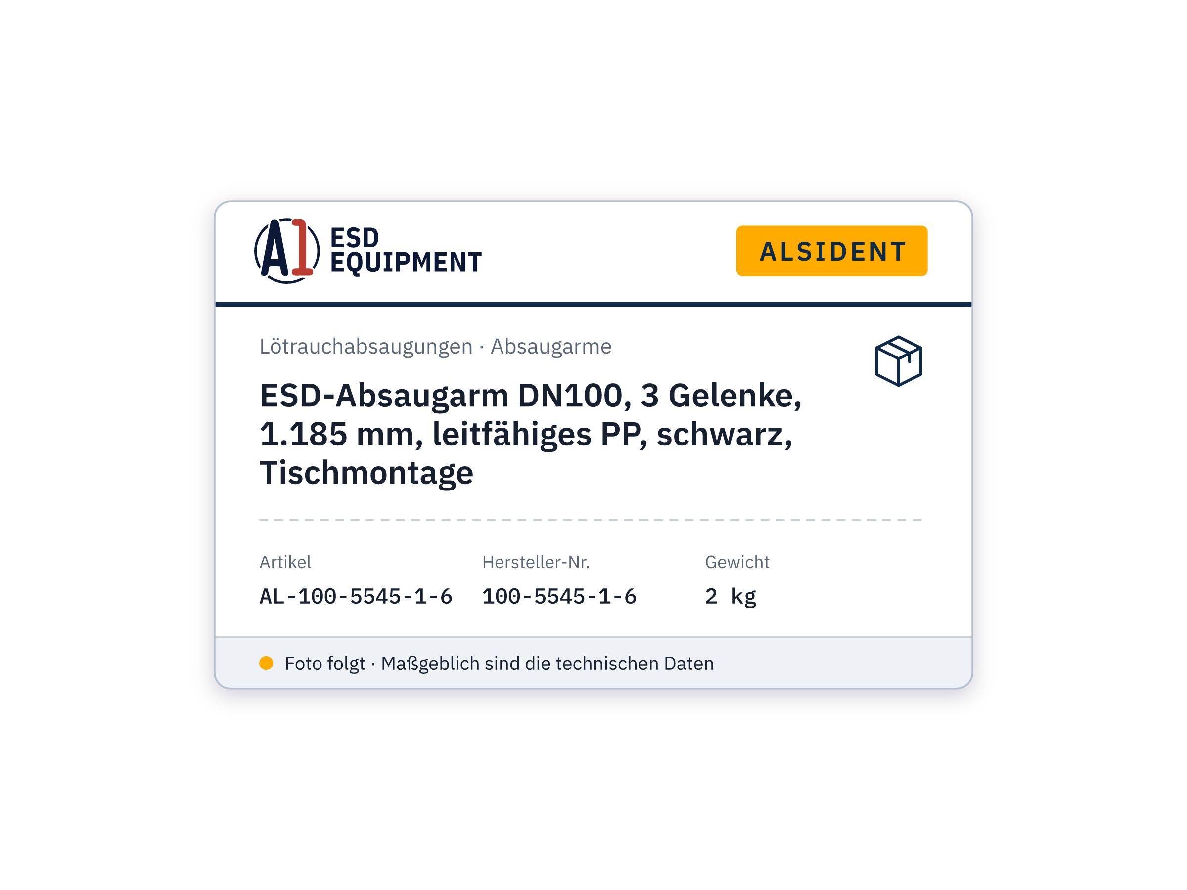 ESD-Absaugarm DN100, 3 Gelenke, 1.185 mm, leitfähiges PP, schwarz, Tischmontage - Alsident 100-5545-1-6