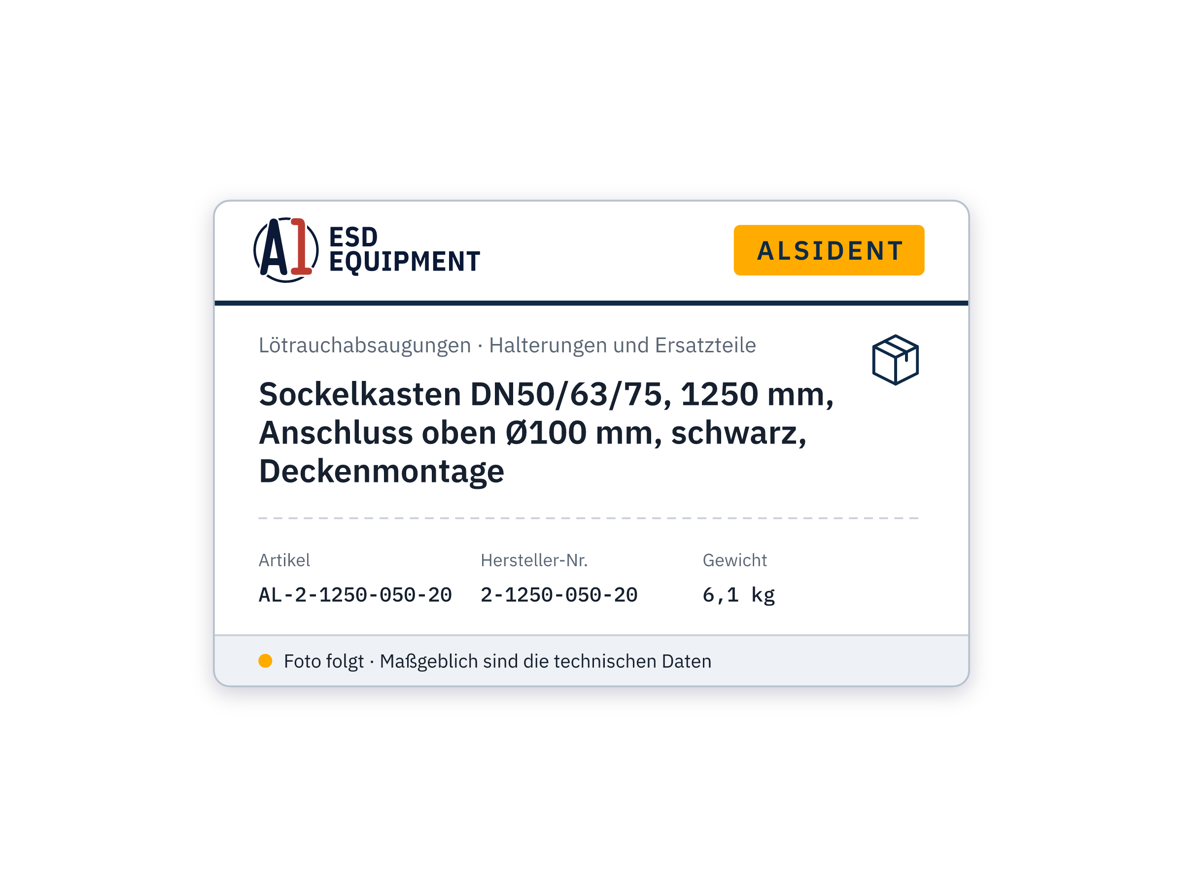 Sockelkasten DN50/63/75, 1250 mm, Anschluss oben Ø100 mm, schwarz, Deckenmontage - Alsident 2-1250-050-20